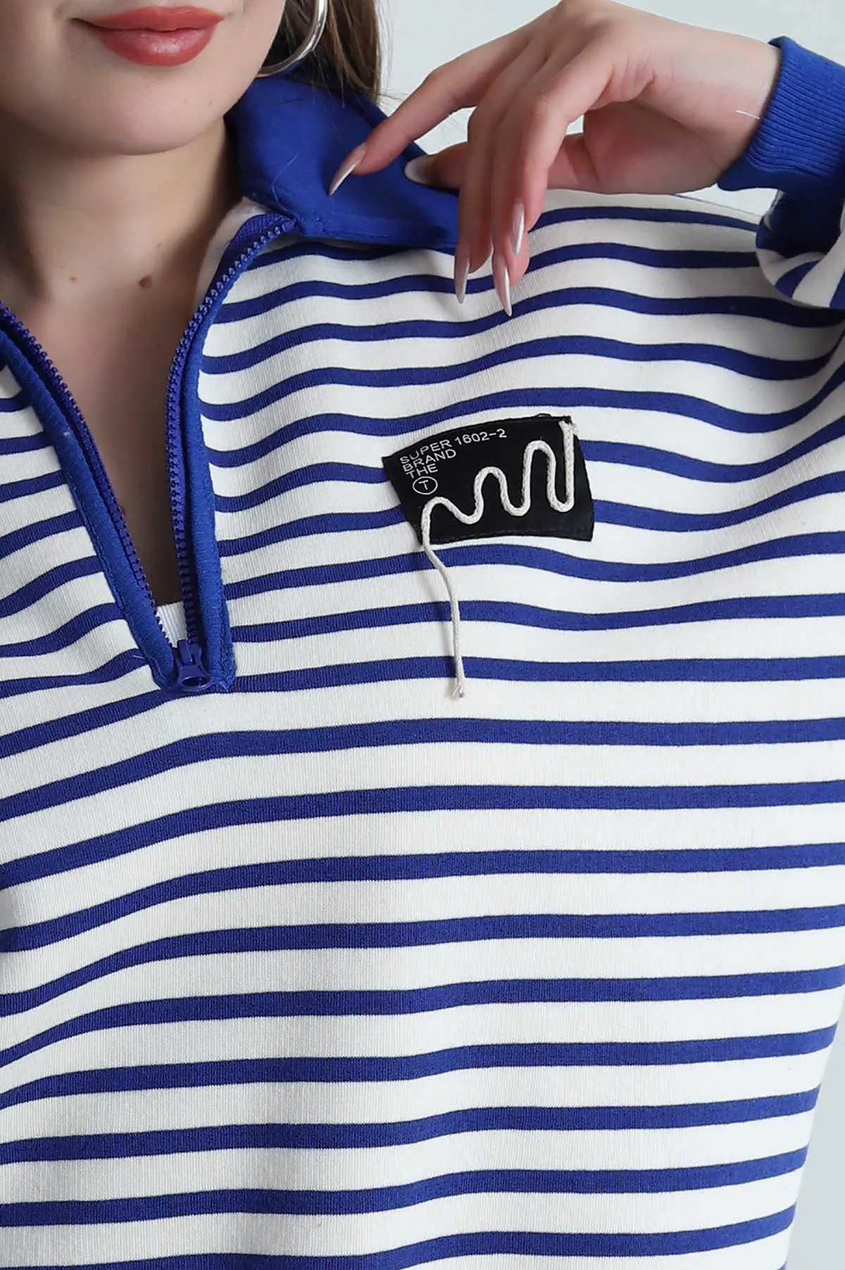 Saks Mavisi Şardonlu Polo Yaka Kadın Sweat 489523