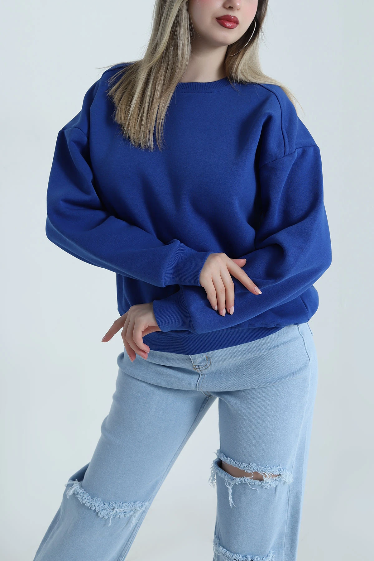 Saks Mavisi Şardonlu Üç İp Kadın Fermuarsız Sweat 487100