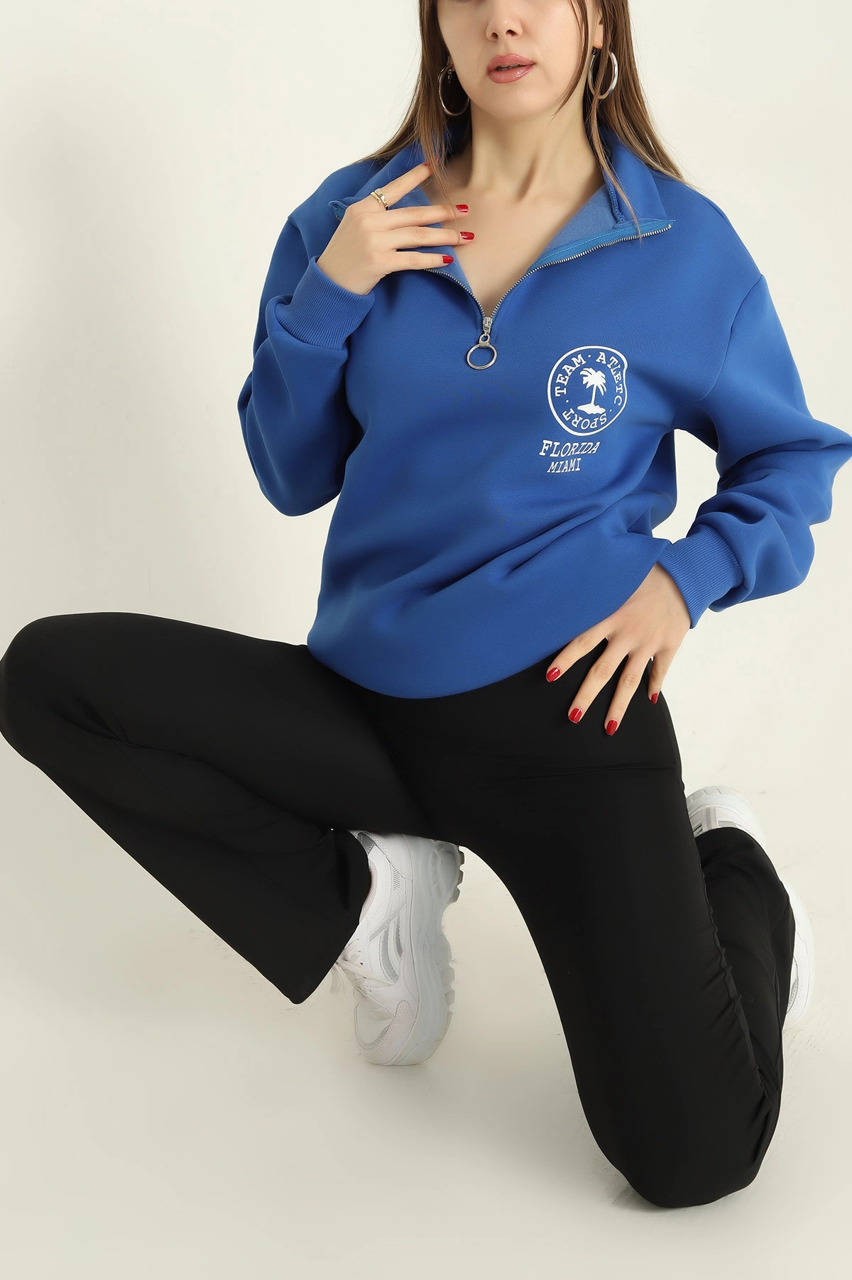 Saks Mavisi Şardonlu Yarım Fermuarlı Bayan Sweat 326429