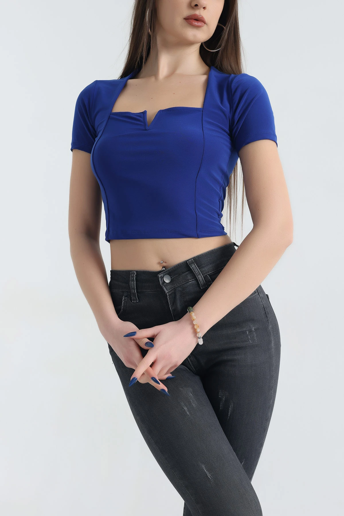 Saks Mavisi Sendy Kumaş Crop Bluz 337564