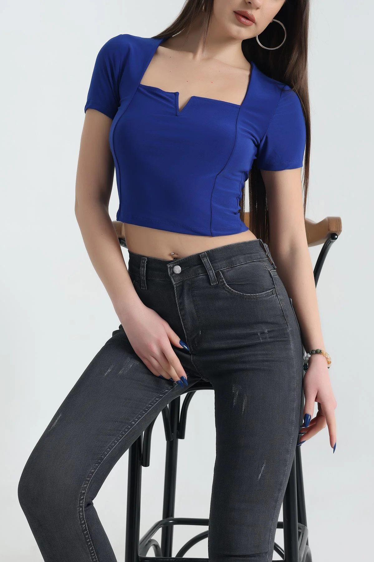 Saks Mavisi Sendy Kumaş Crop Bluz 337564