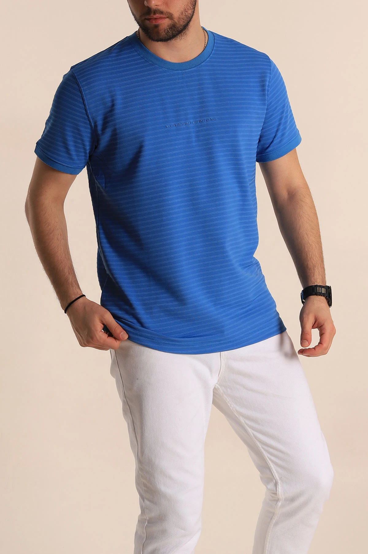 Saks Mavisi Slim Fit Çizgi Detay Likralı Erkek Tişört 268686