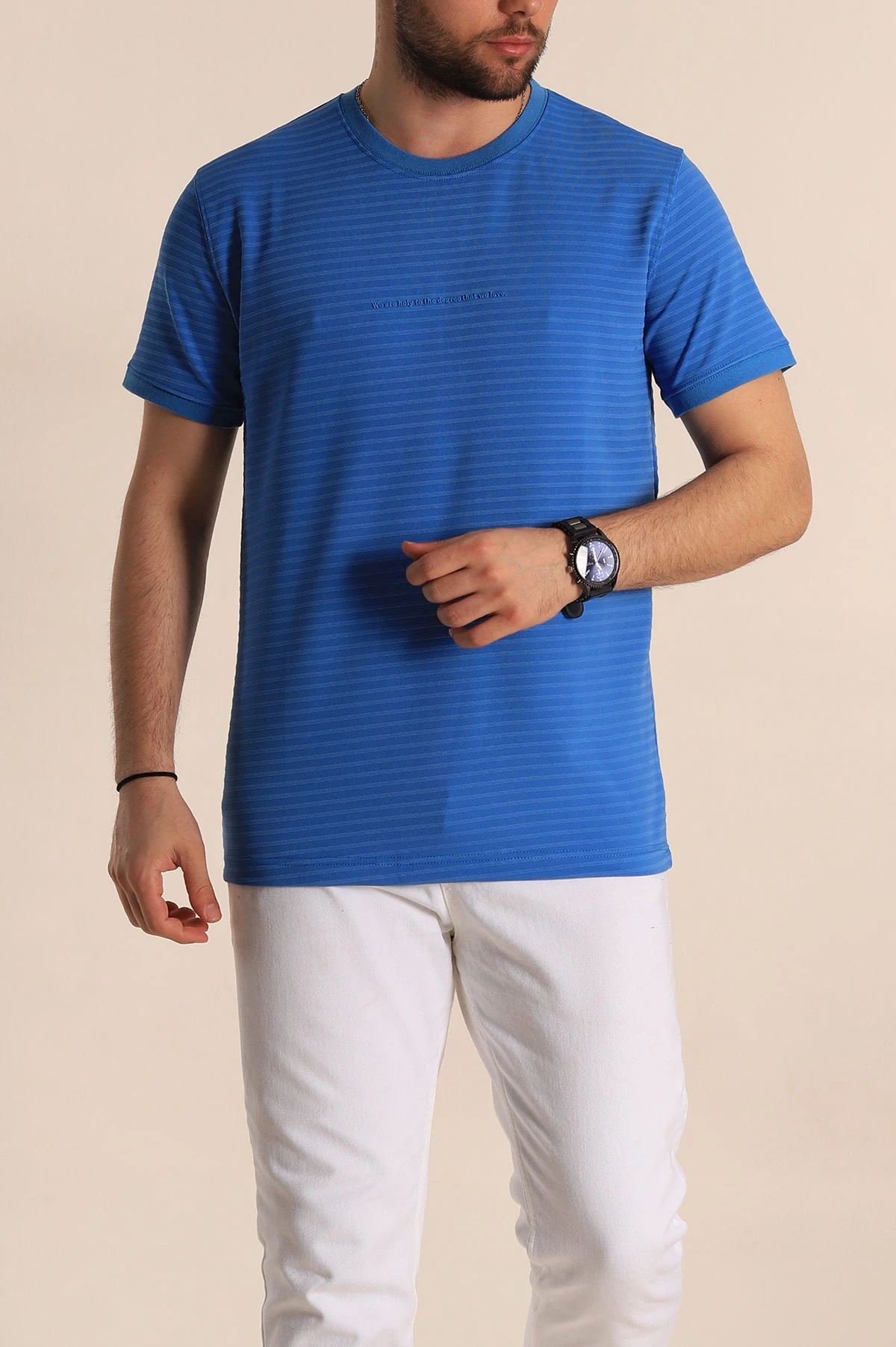 Saks Mavisi Slim Fit Çizgi Detay Likralı Erkek Tişört 268686