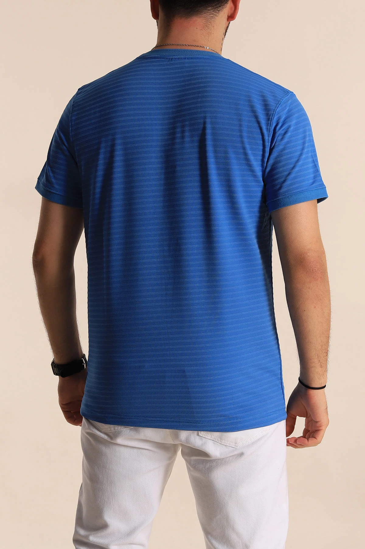 Saks Mavisi Slim Fit Çizgi Detay Likralı Erkek Tişört 268686
