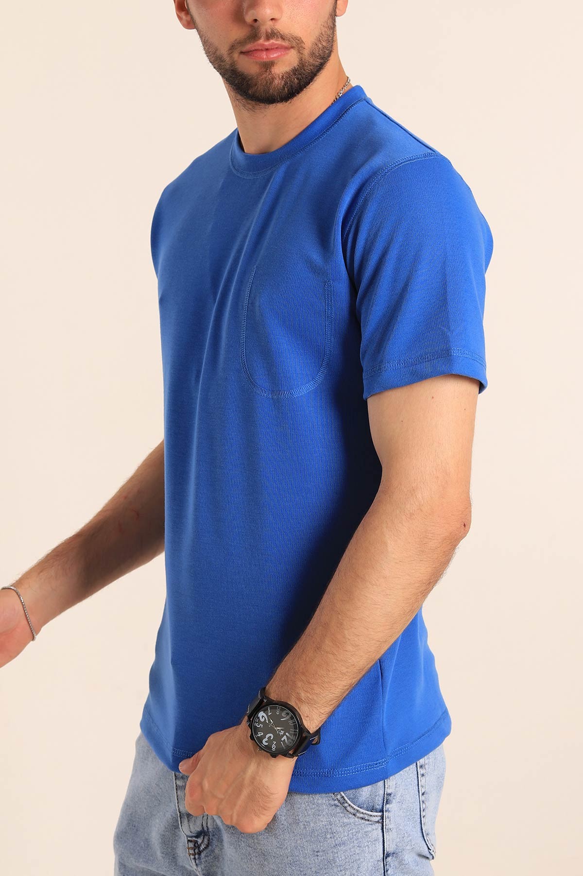 Saks Mavisi Slim Fit Dikiş Detay Erkek Tişört 190163
