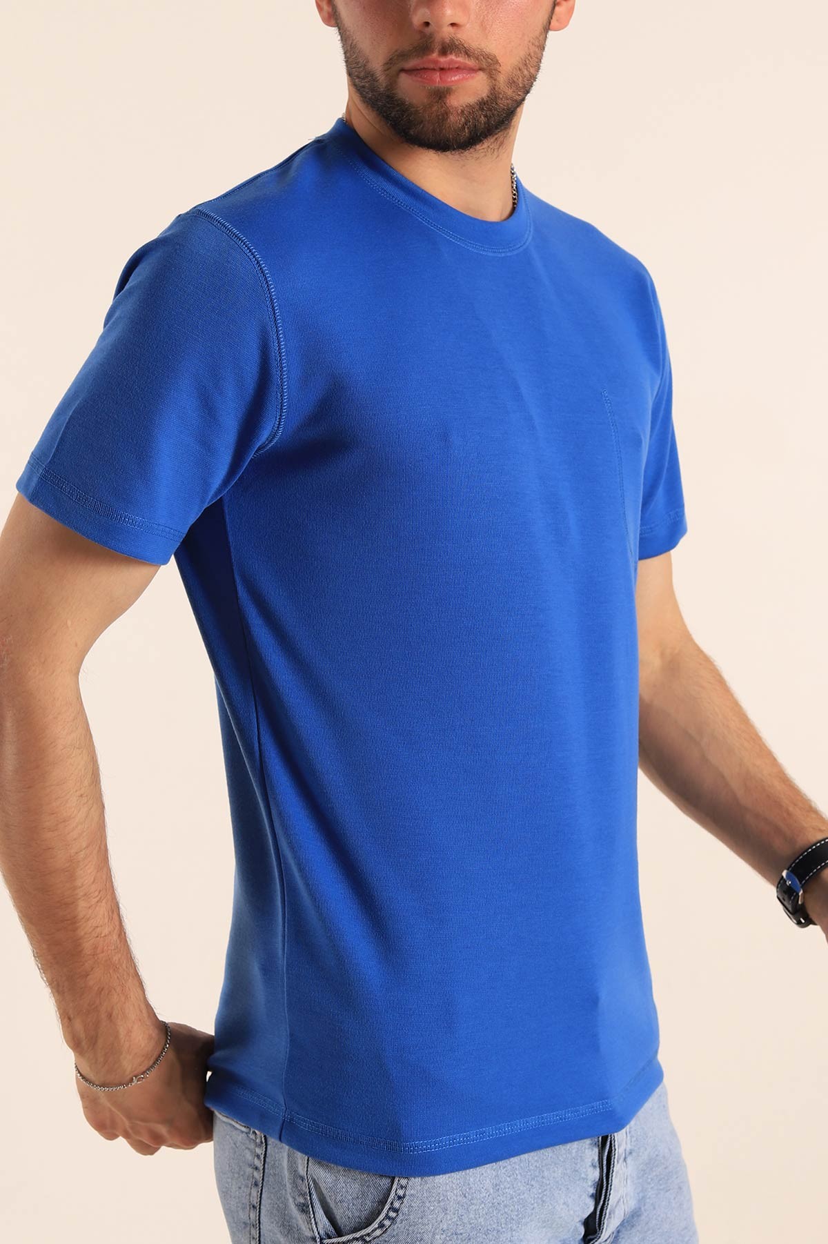 Saks Mavisi Slim Fit Dikiş Detay Erkek Tişört 190163