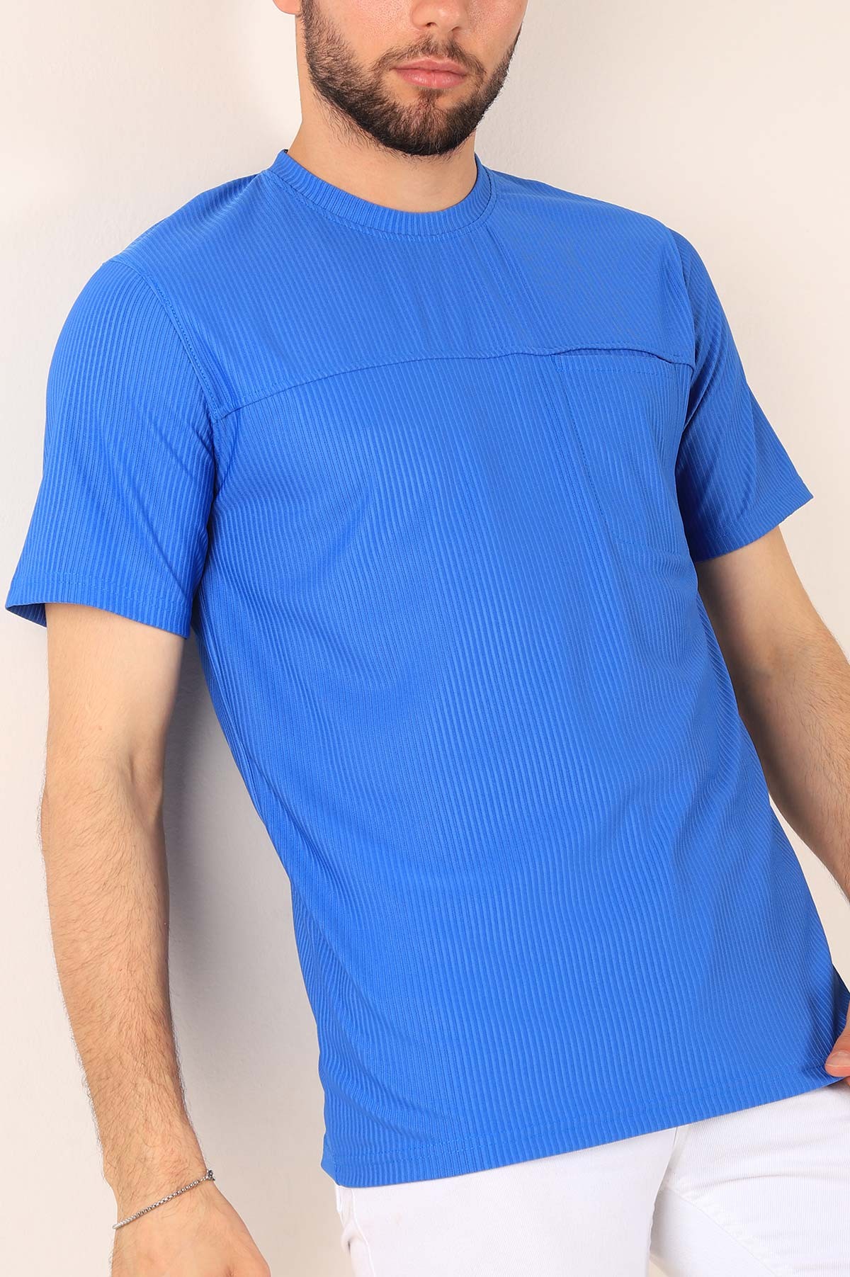 Saks Mavisi Slim Fit Fitilli Doku Cepli Erkek Tişört 190187