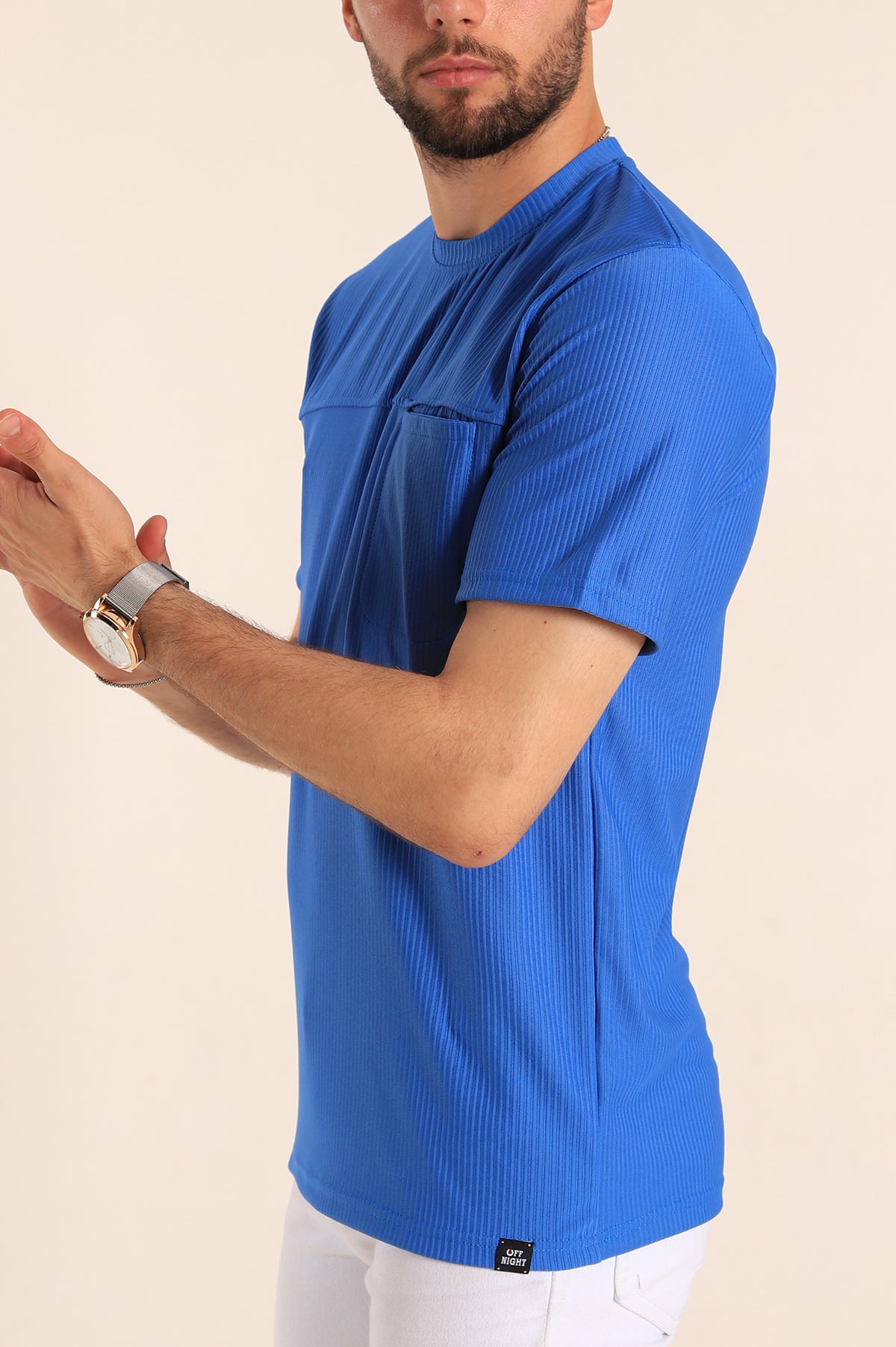 Saks Mavisi Slim Fit Fitilli Doku Cepli Erkek Tişört 190187