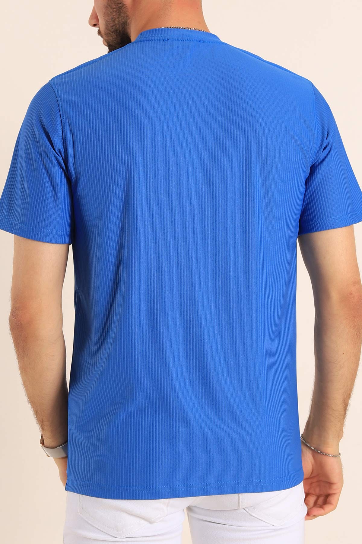 Saks Mavisi Slim Fit Fitilli Doku Cepli Erkek Tişört 190187