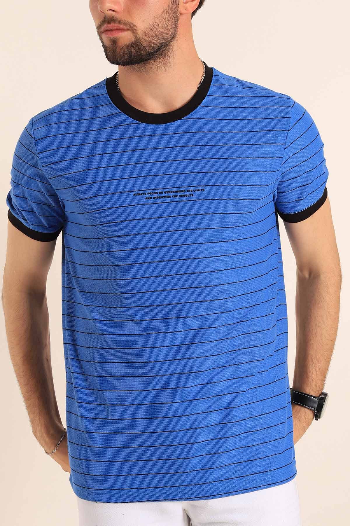 Saks Mavisi Slim Fit Kabartma Yazılı Çizgili Erkek Tişört 190005