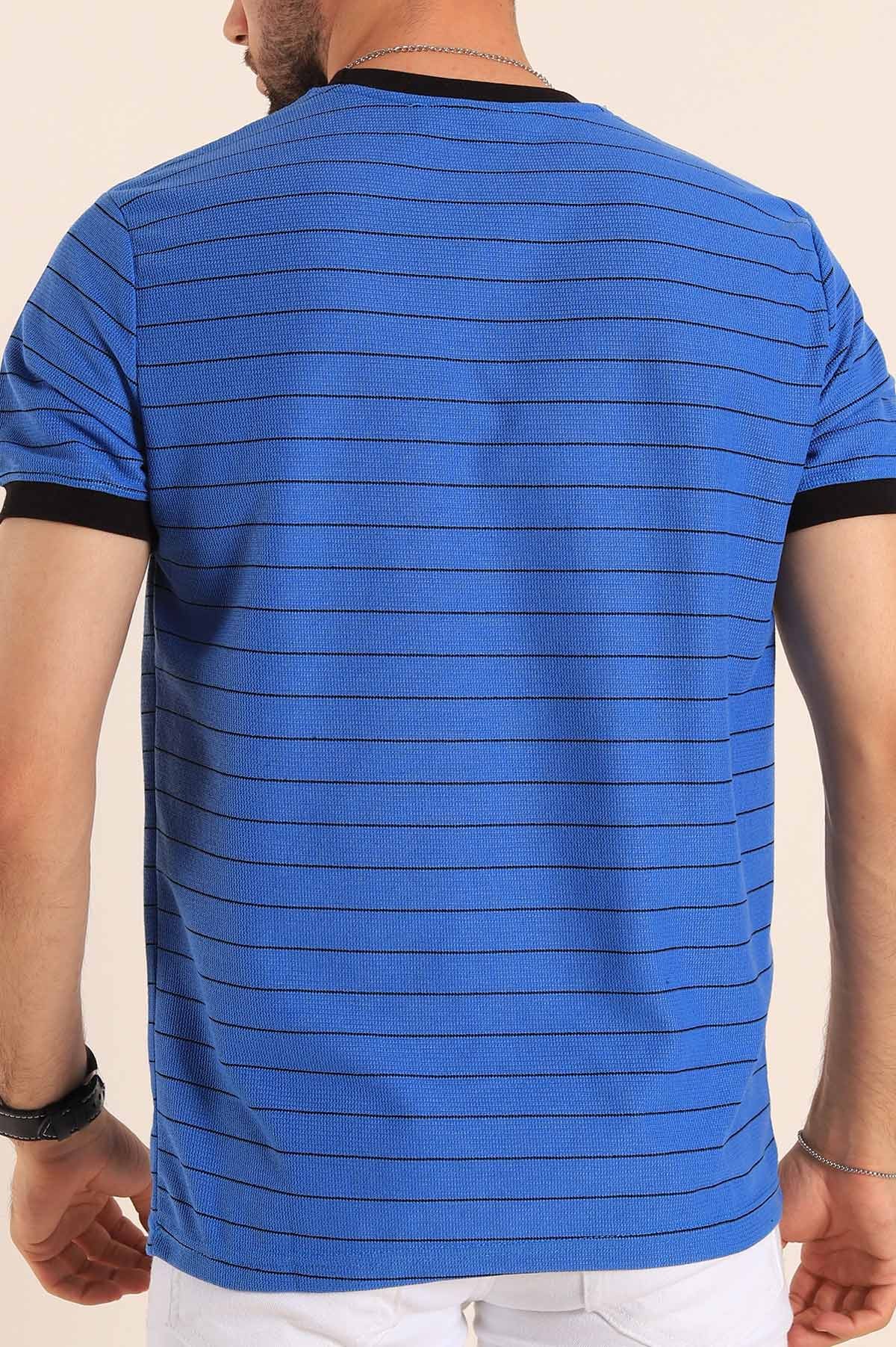 Saks Mavisi Slim Fit Kabartma Yazılı Çizgili Erkek Tişört 190005