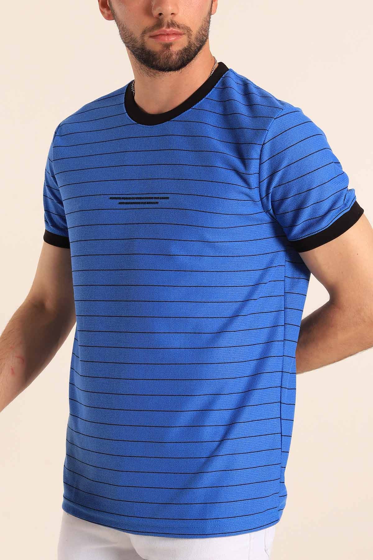 Saks Mavisi Slim Fit Kabartma Yazılı Çizgili Erkek Tişört 190005