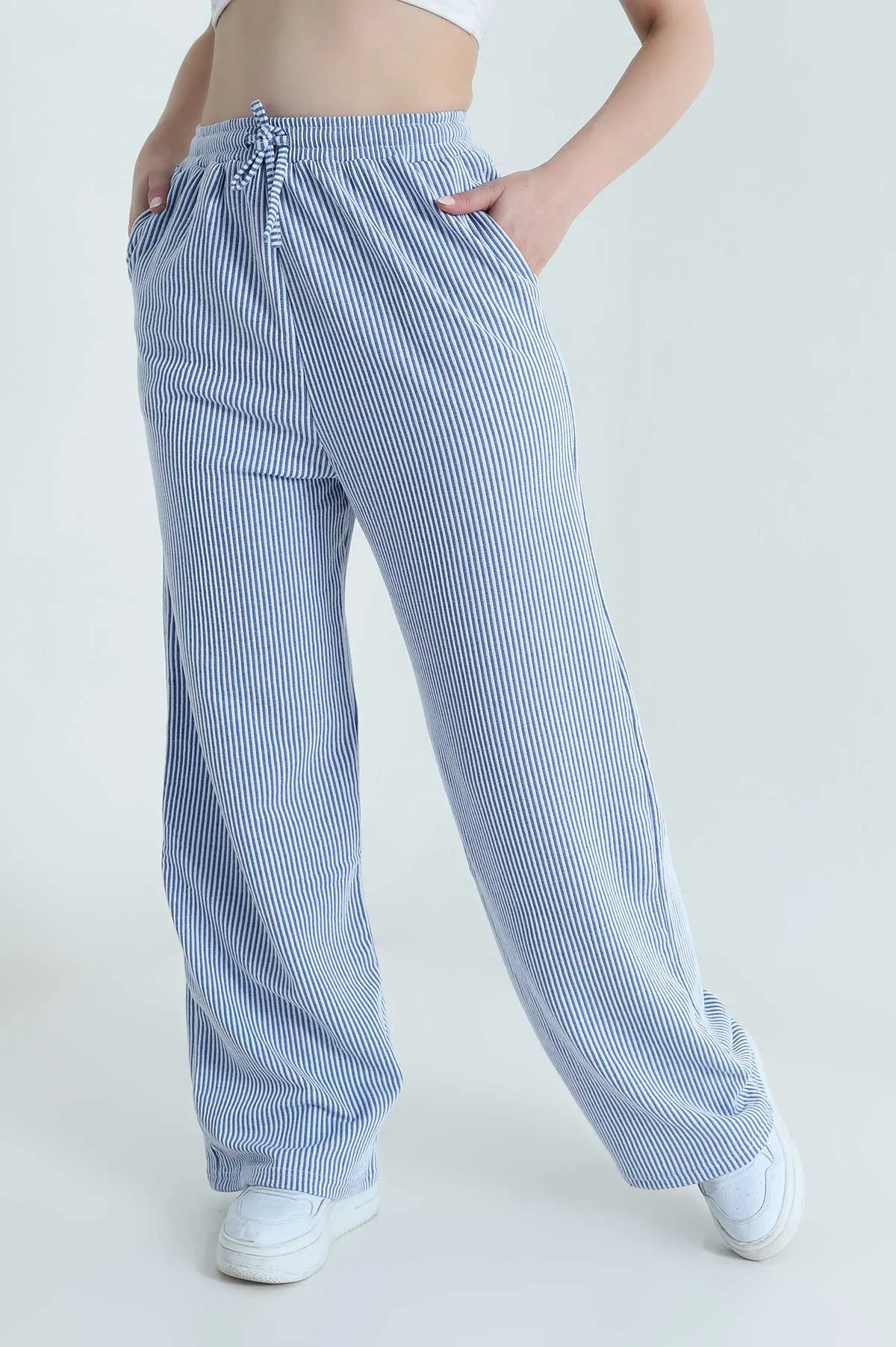 Saks Mavisi Su Yolu Çizgili Kadın Pantolon 473891