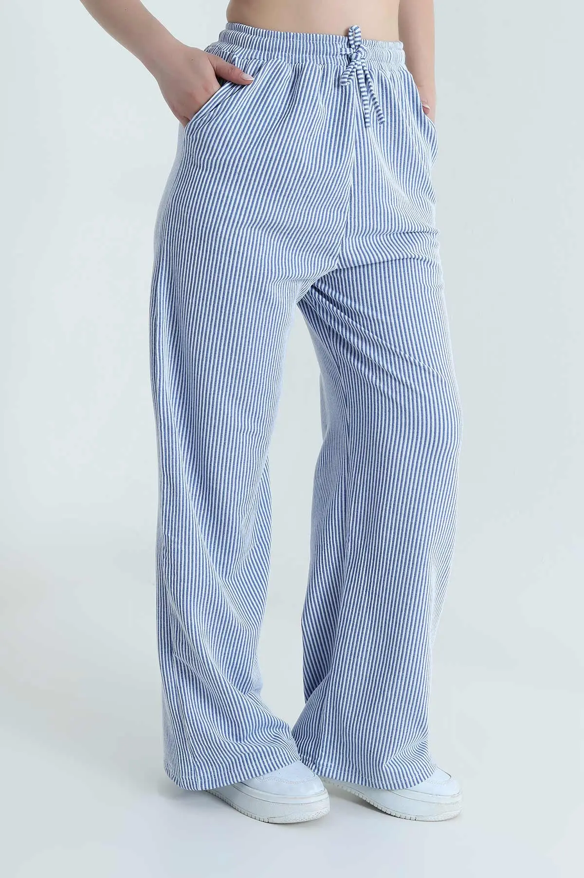 Saks Mavisi Su Yolu Çizgili Kadın Pantolon 473891