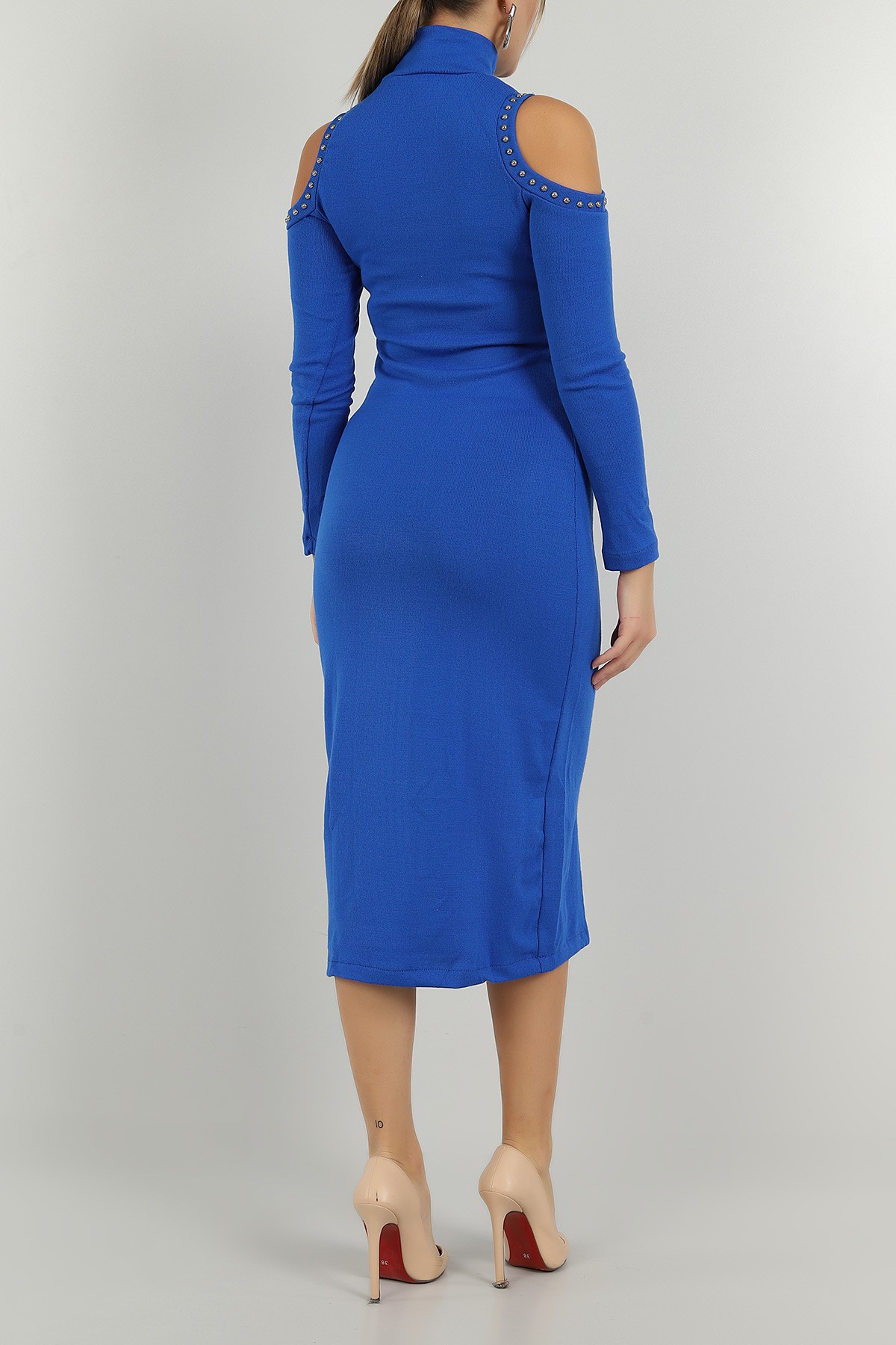 Saks Mavisi Taşlı Tasarım Triko Elbise 146776