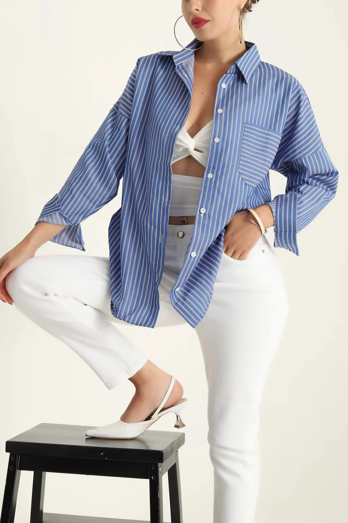 Saks Mavisi Tek Cep Oversize Tunik Gömlek 286275