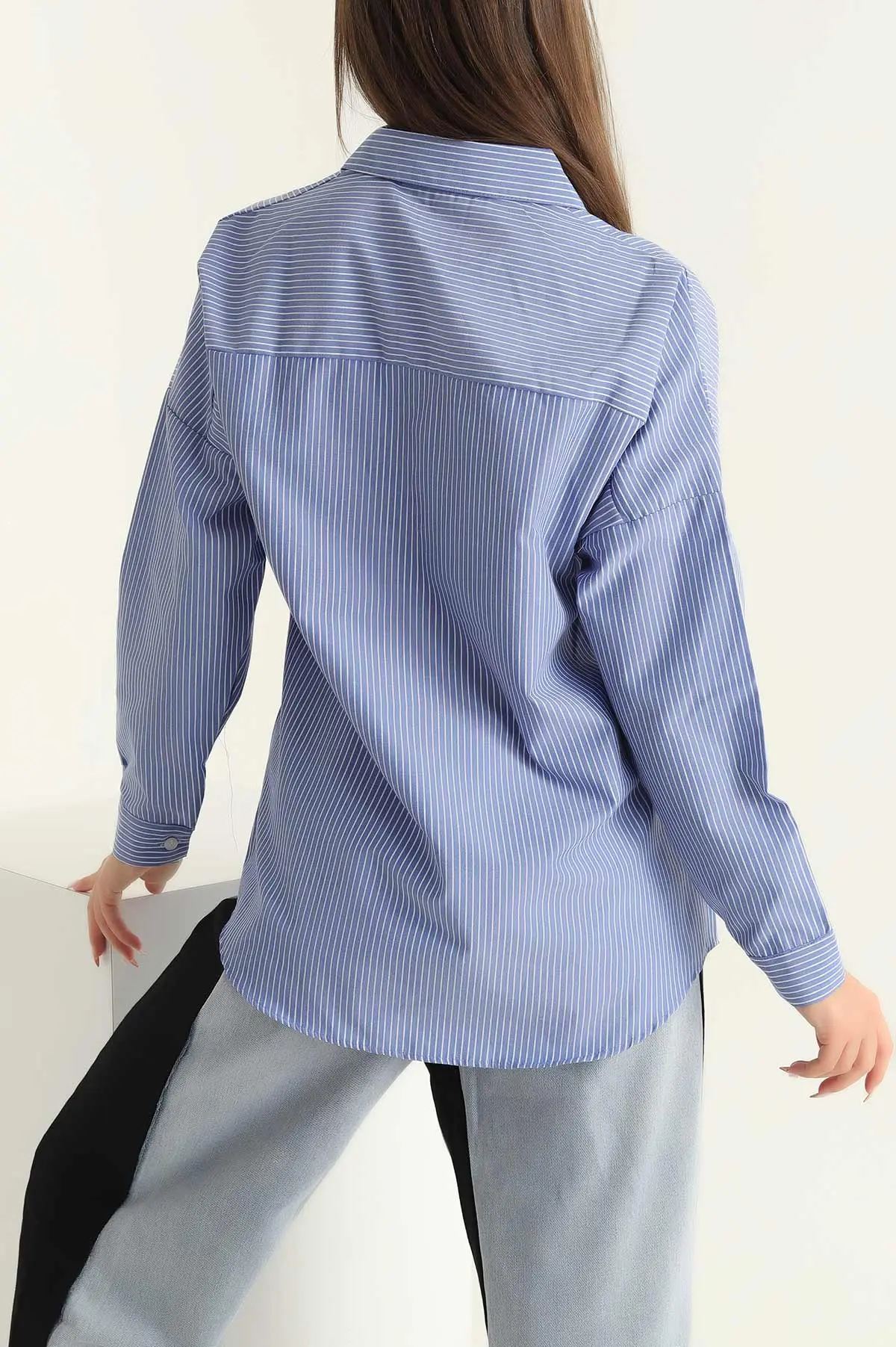 Saks Mavisi Tek Cep Oversize Tunik Gömlek 286279