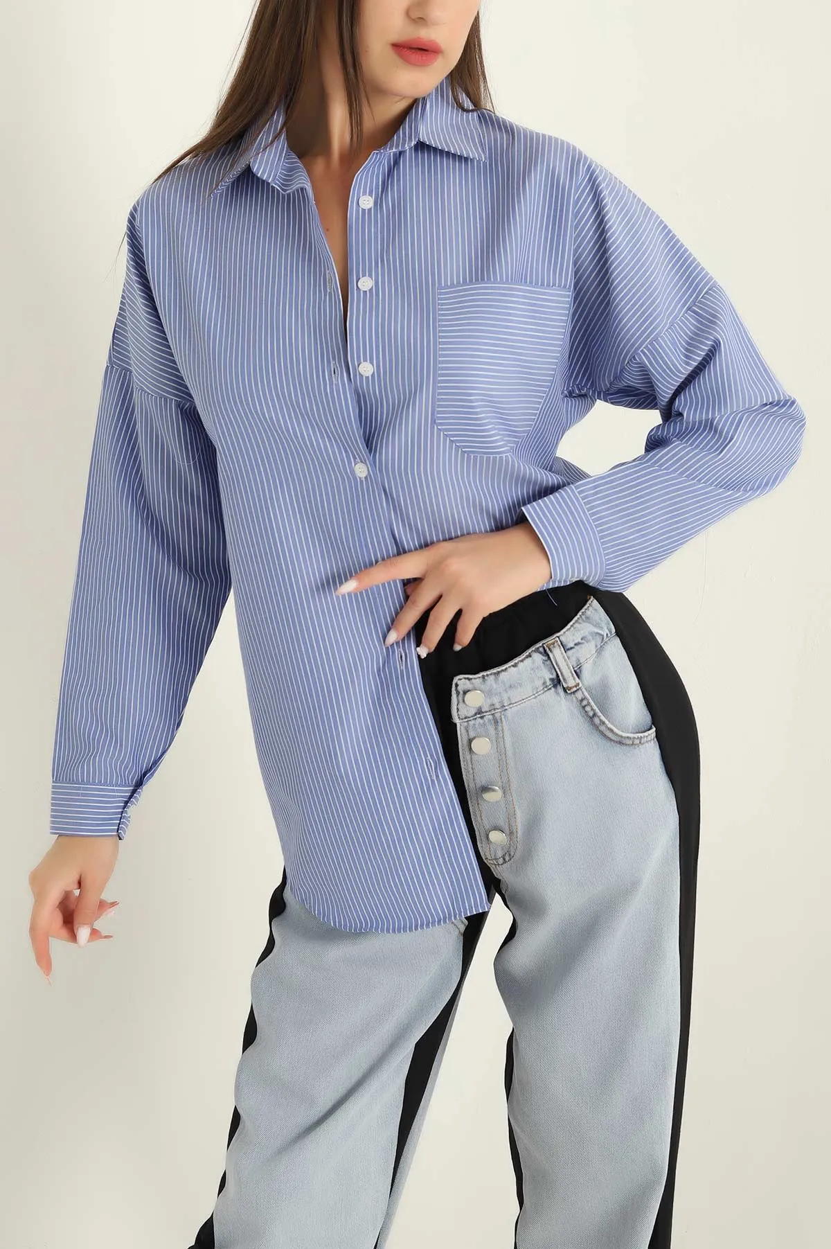Saks Mavisi Tek Cep Oversize Tunik Gömlek 286279