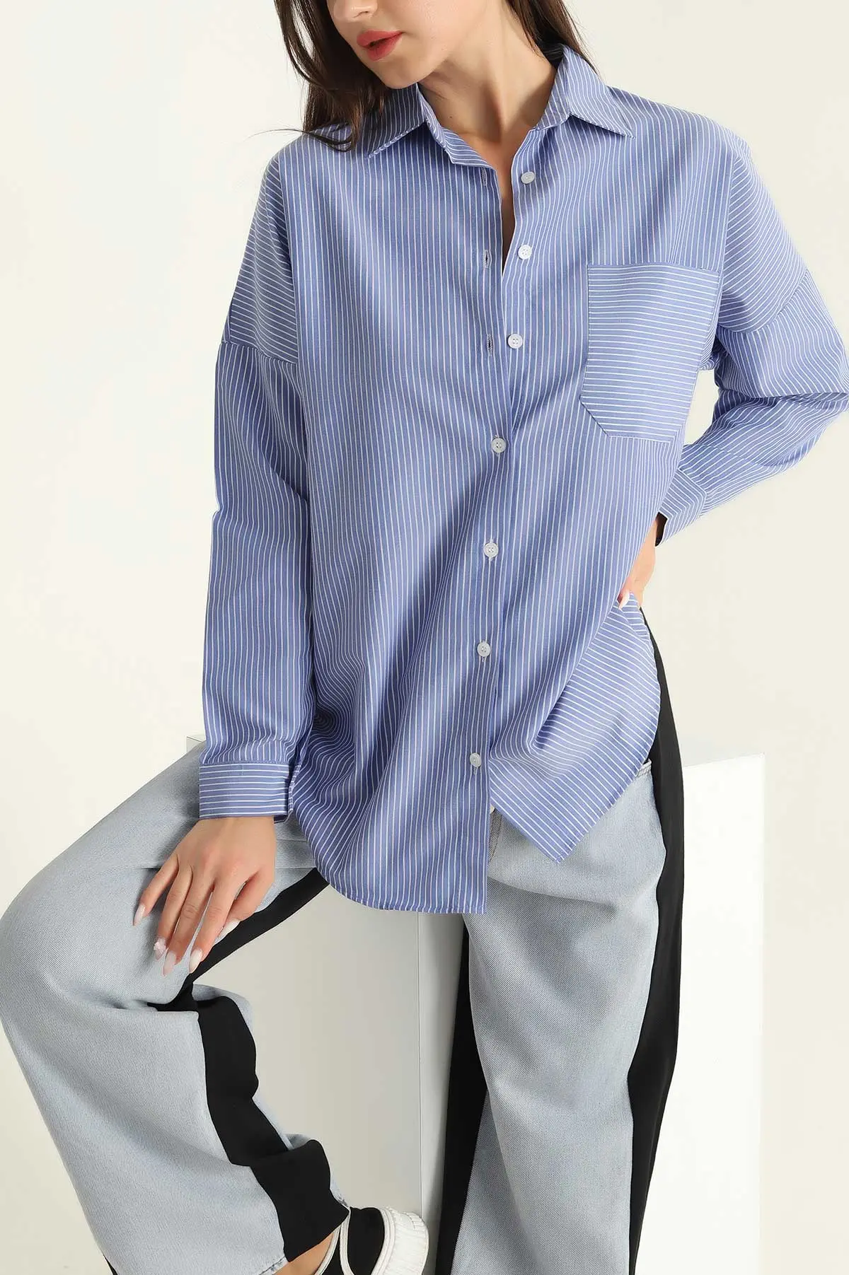 Saks Mavisi Tek Cep Oversize Tunik Gömlek 286279