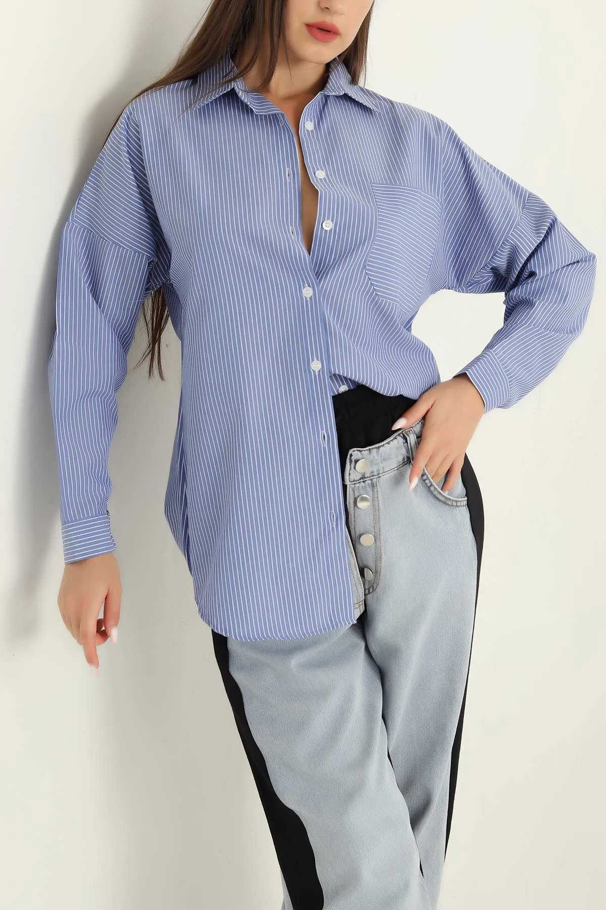 Saks Mavisi Tek Cep Oversize Tunik Gömlek 286279