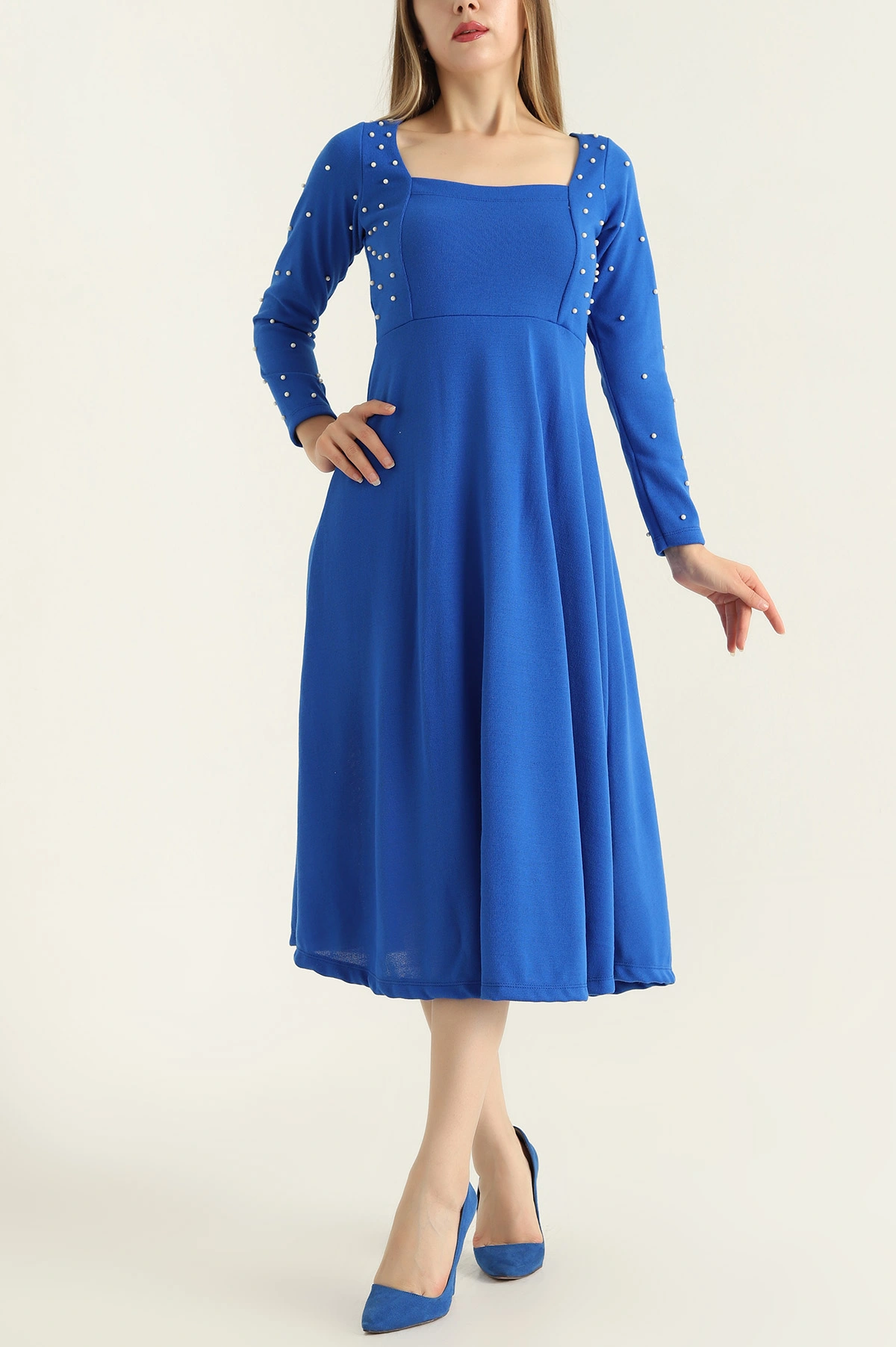 Saks Mavisi Triko Kare Yaka İncili Kloş Elbise 307477