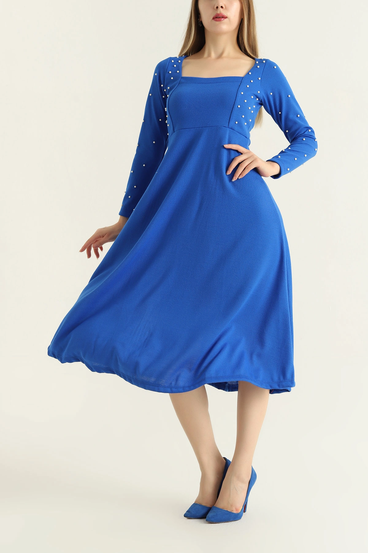 Saks Mavisi Triko Kare Yaka İncili Kloş Elbise 307477