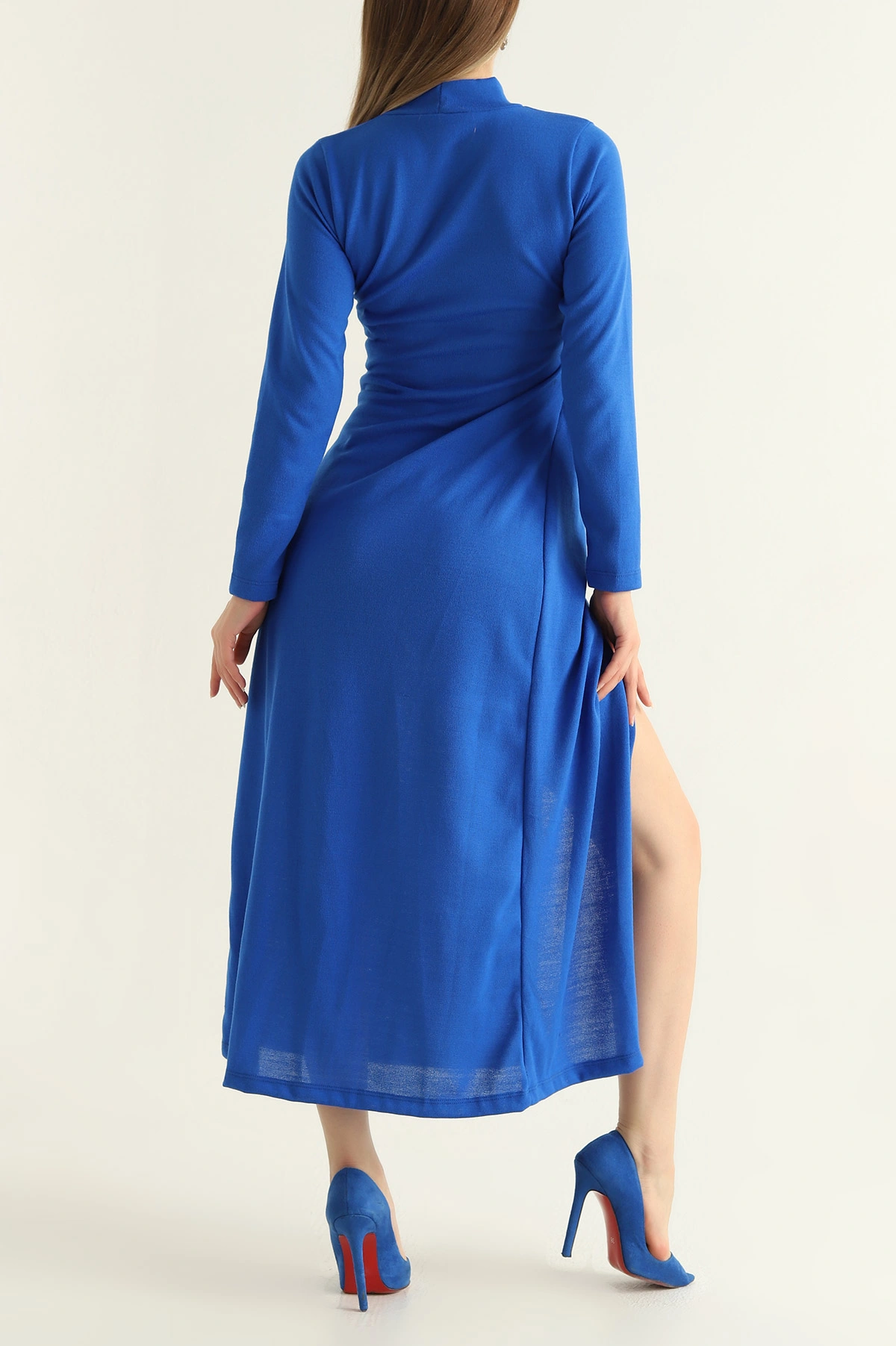 Saks Mavisi Triko Yandan Tokalı Balıkçı Elbise 307533