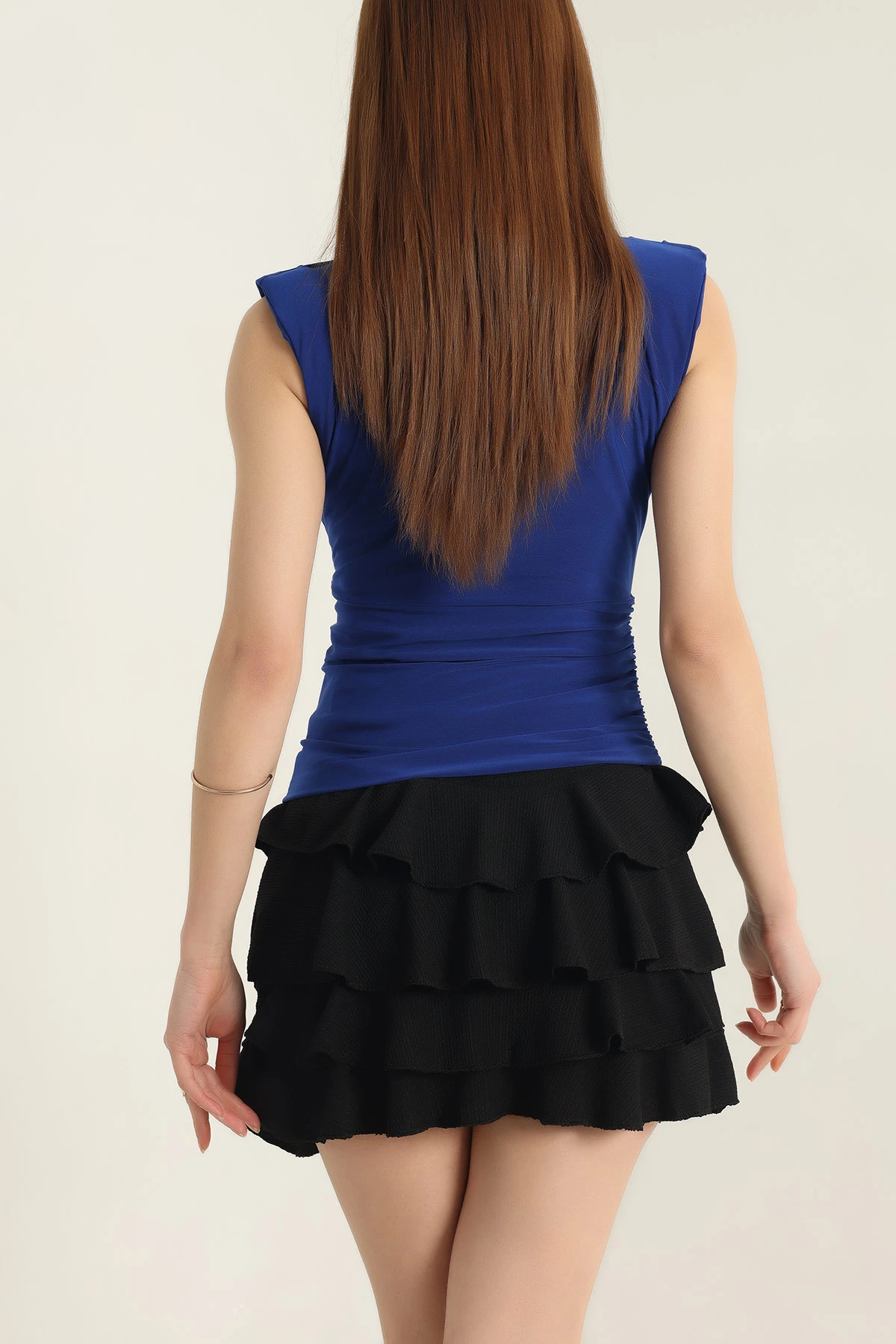 Saks Mavisi Vatkalı Pileli Likralı Sandy Bluz 337536