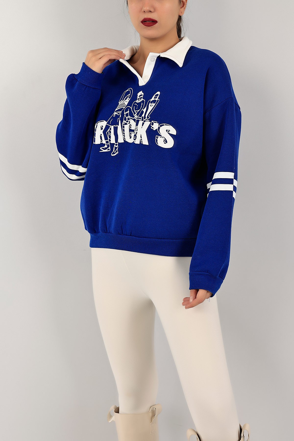Saks Mavisi Yakalı İçi Şardonlu Bayan Sweat 143459