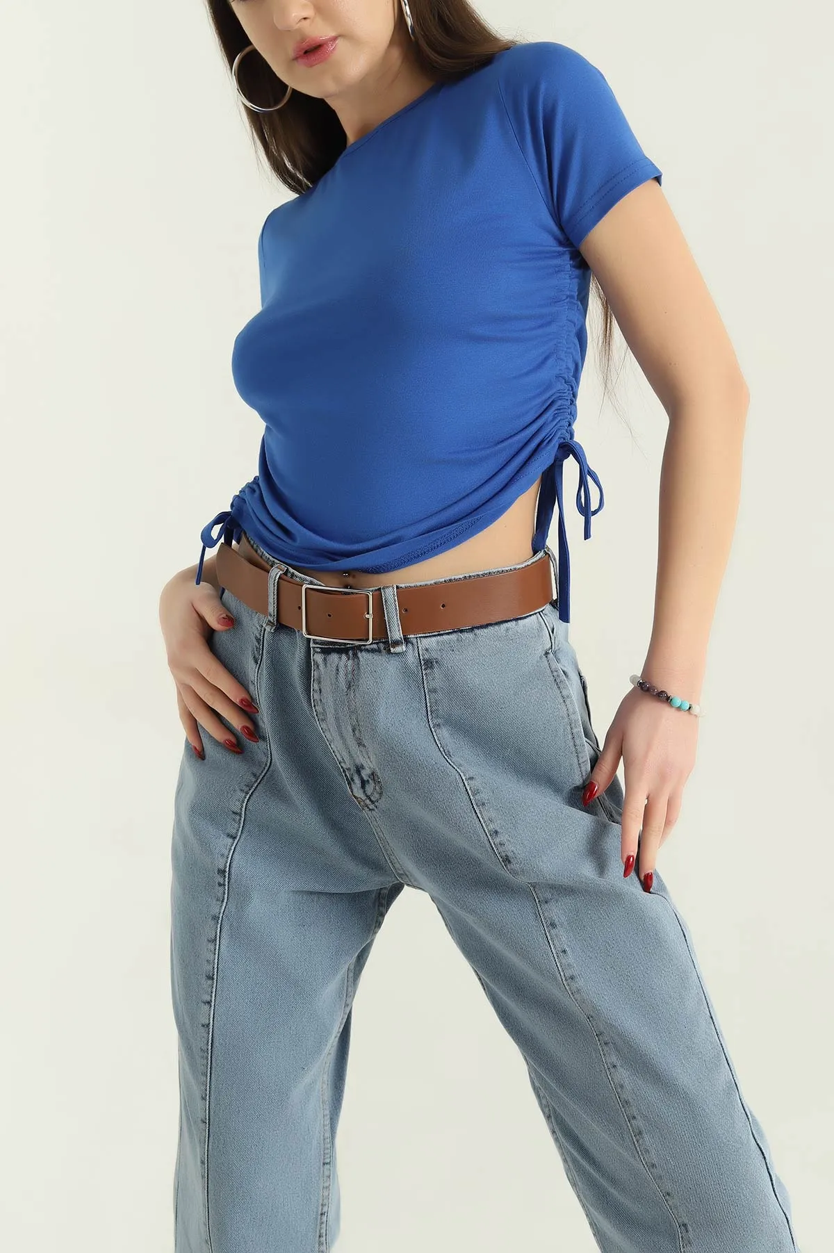 Saks Mavisi Yan Büzgülü Bluz 335243