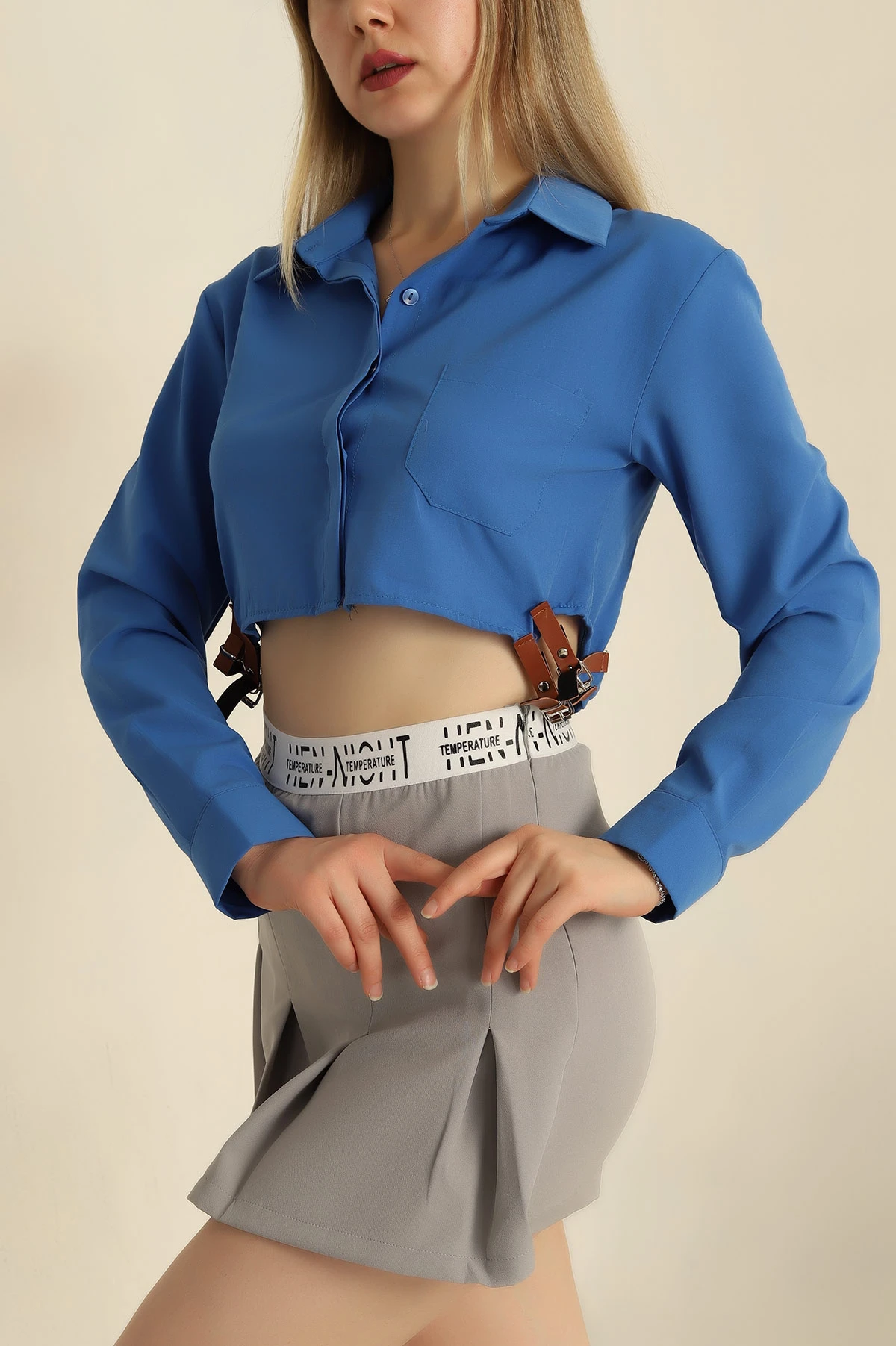Saks Mavisi Yanı Kemerli Poplin Bayan Gömlek 257744