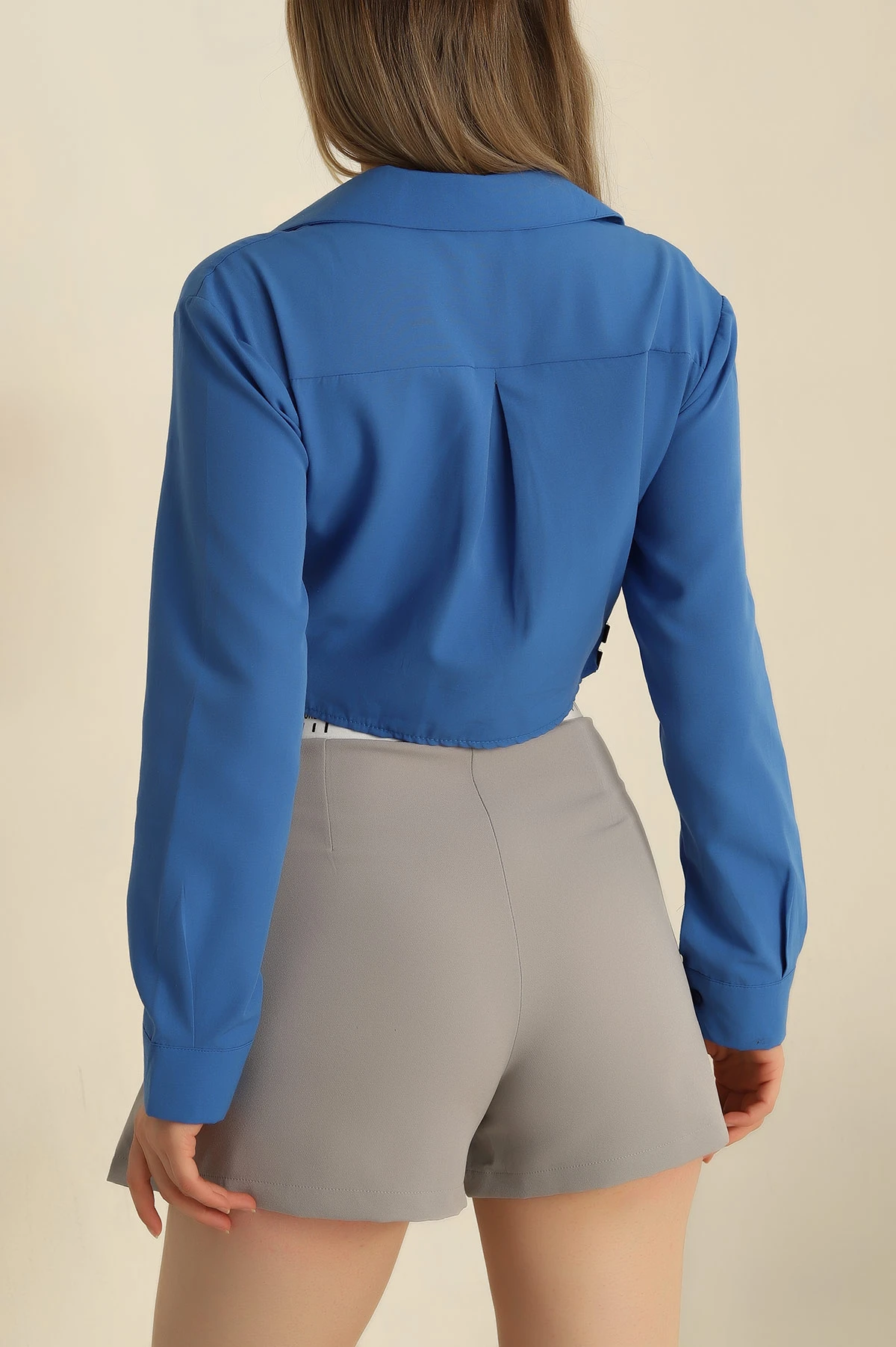 Saks Mavisi Yanı Kemerli Poplin Bayan Gömlek 257744