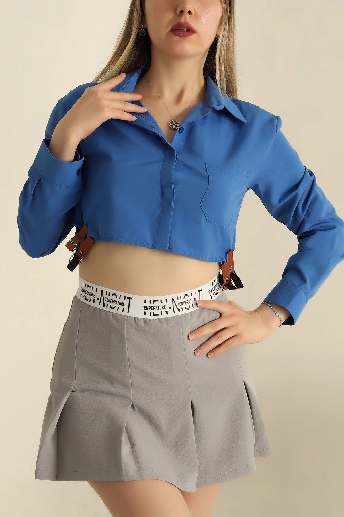 Saks Mavisi Yanı Kemerli Poplin Bayan Gömlek 257744