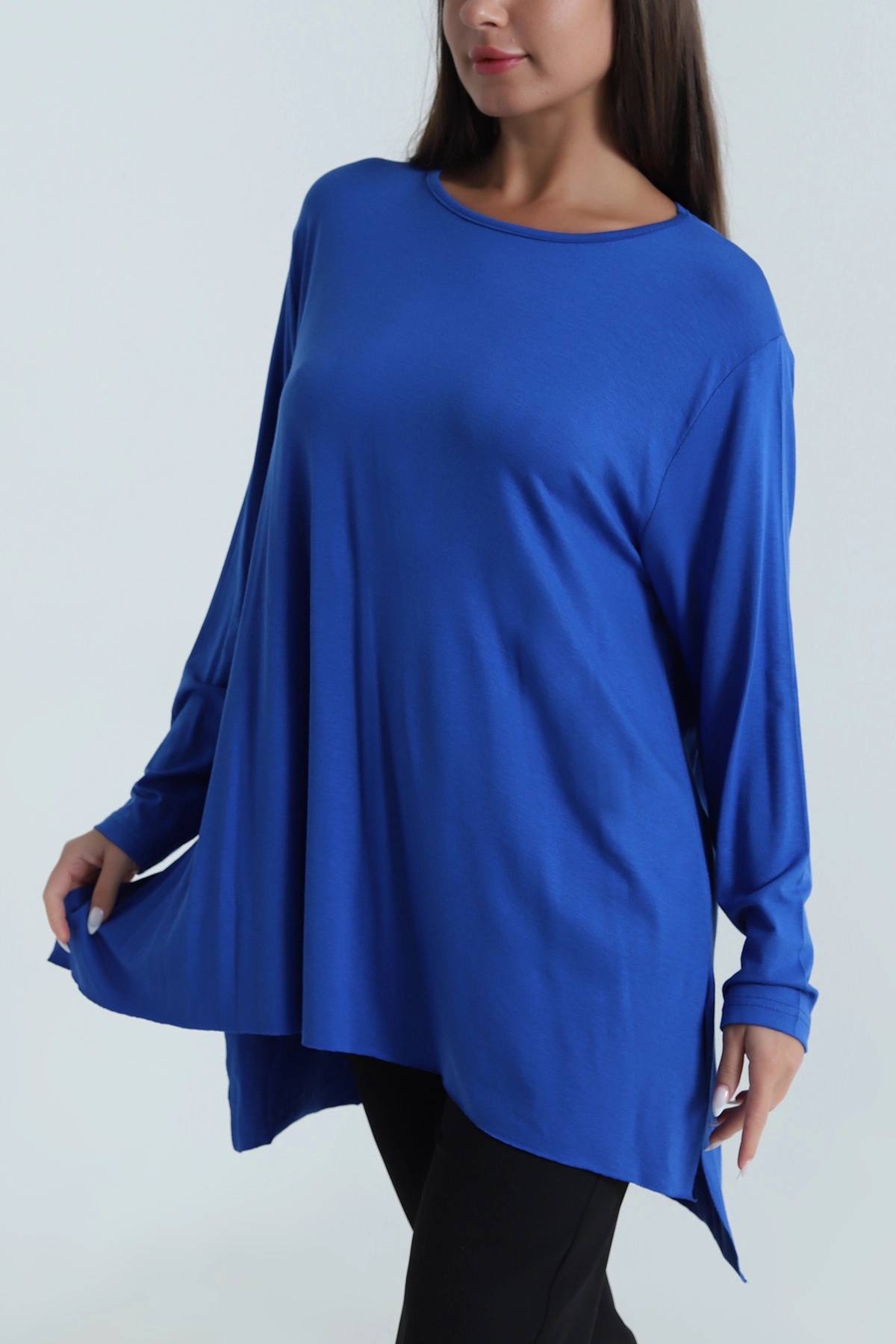 Saks Mavisi Yanı Yırtmaçlı Viskon Kadın Tunik 487396