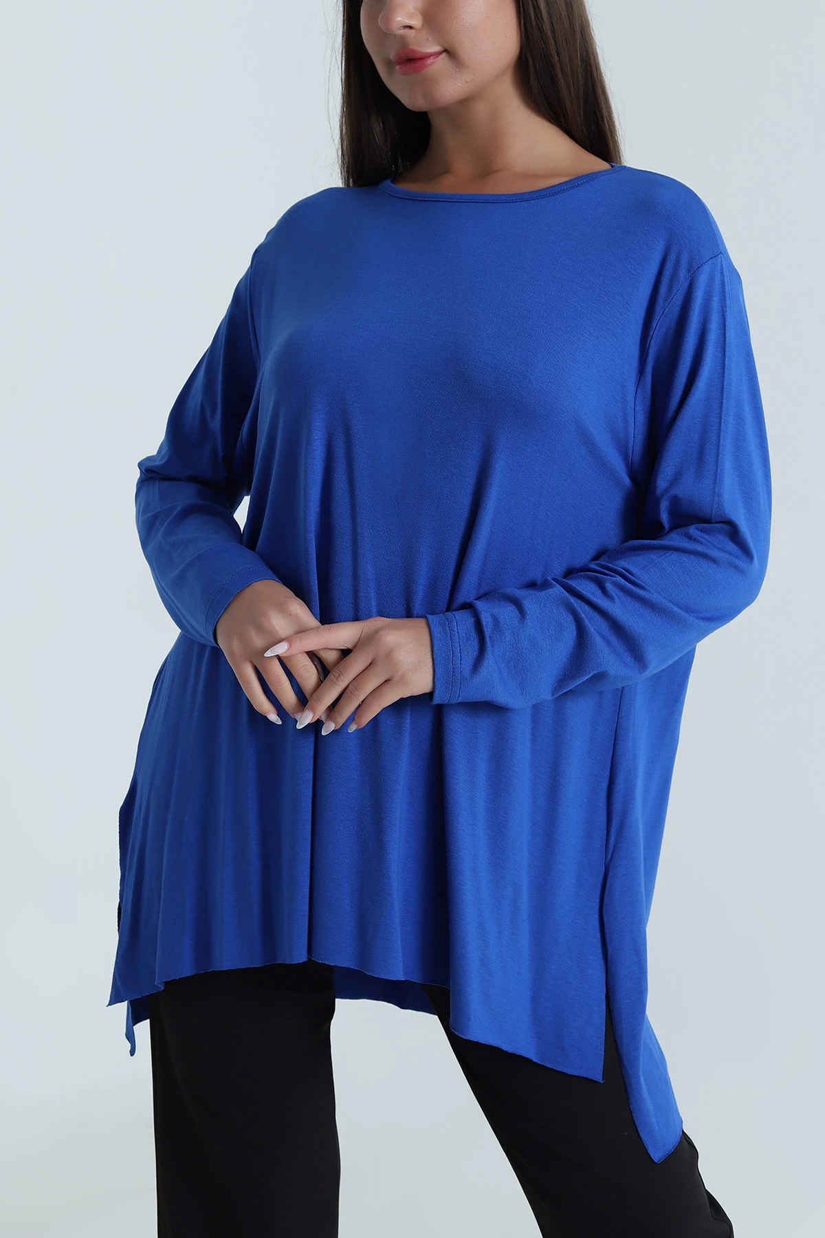 Saks Mavisi Yanı Yırtmaçlı Viskon Kadın Tunik 487396