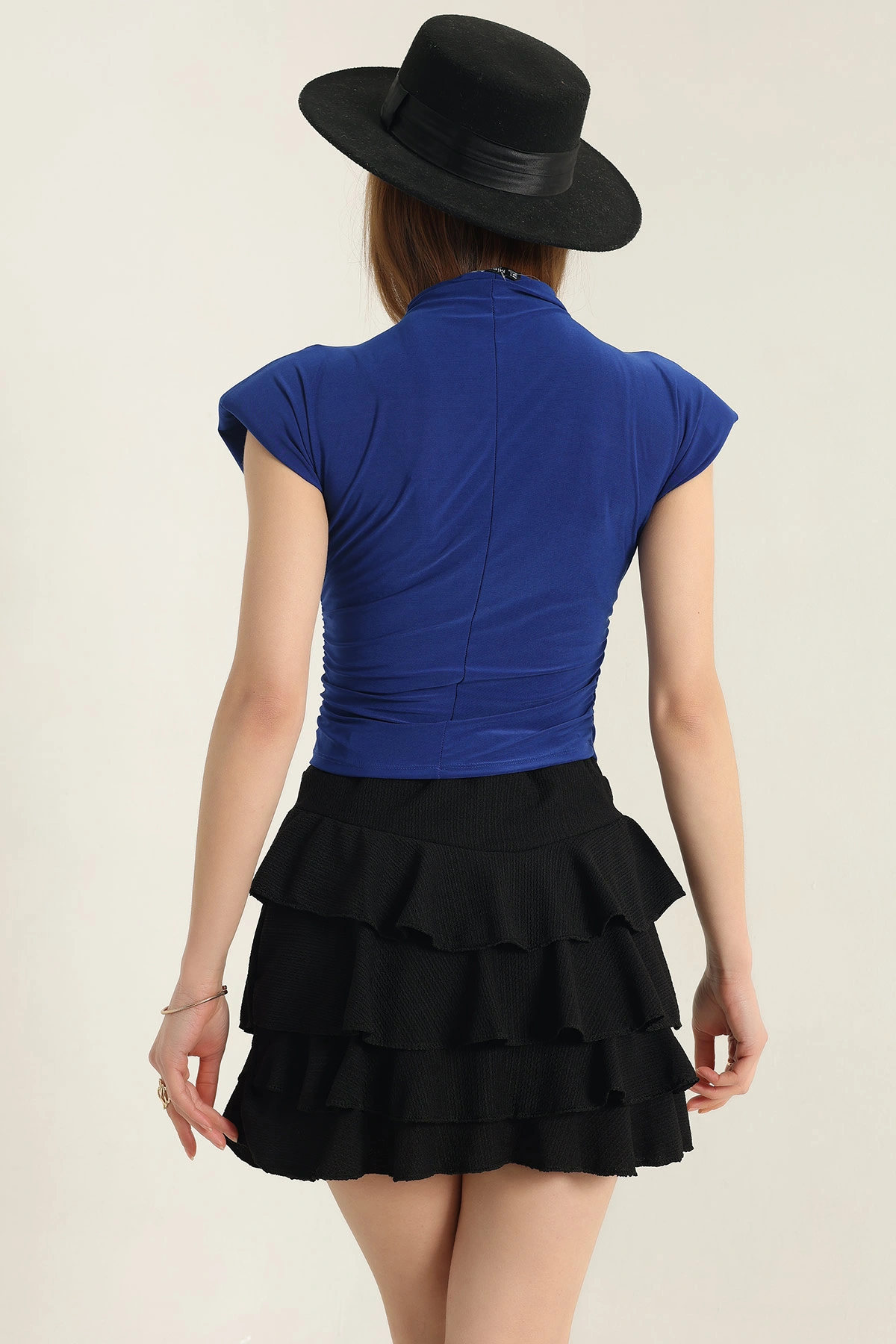 Saks Mavisi Yanları Büzgülü Vatkalı Sandy Bluz 337516