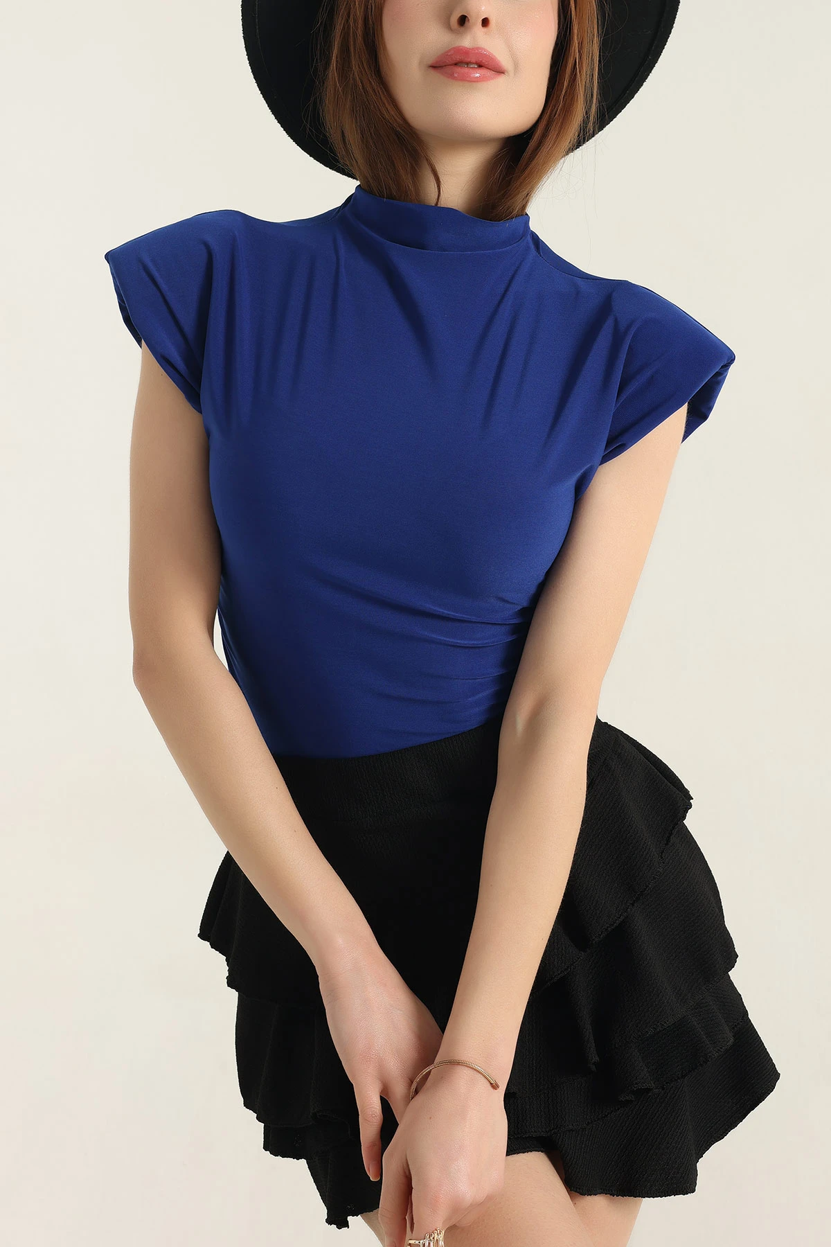 Saks Mavisi Yanları Büzgülü Vatkalı Sandy Bluz 337516