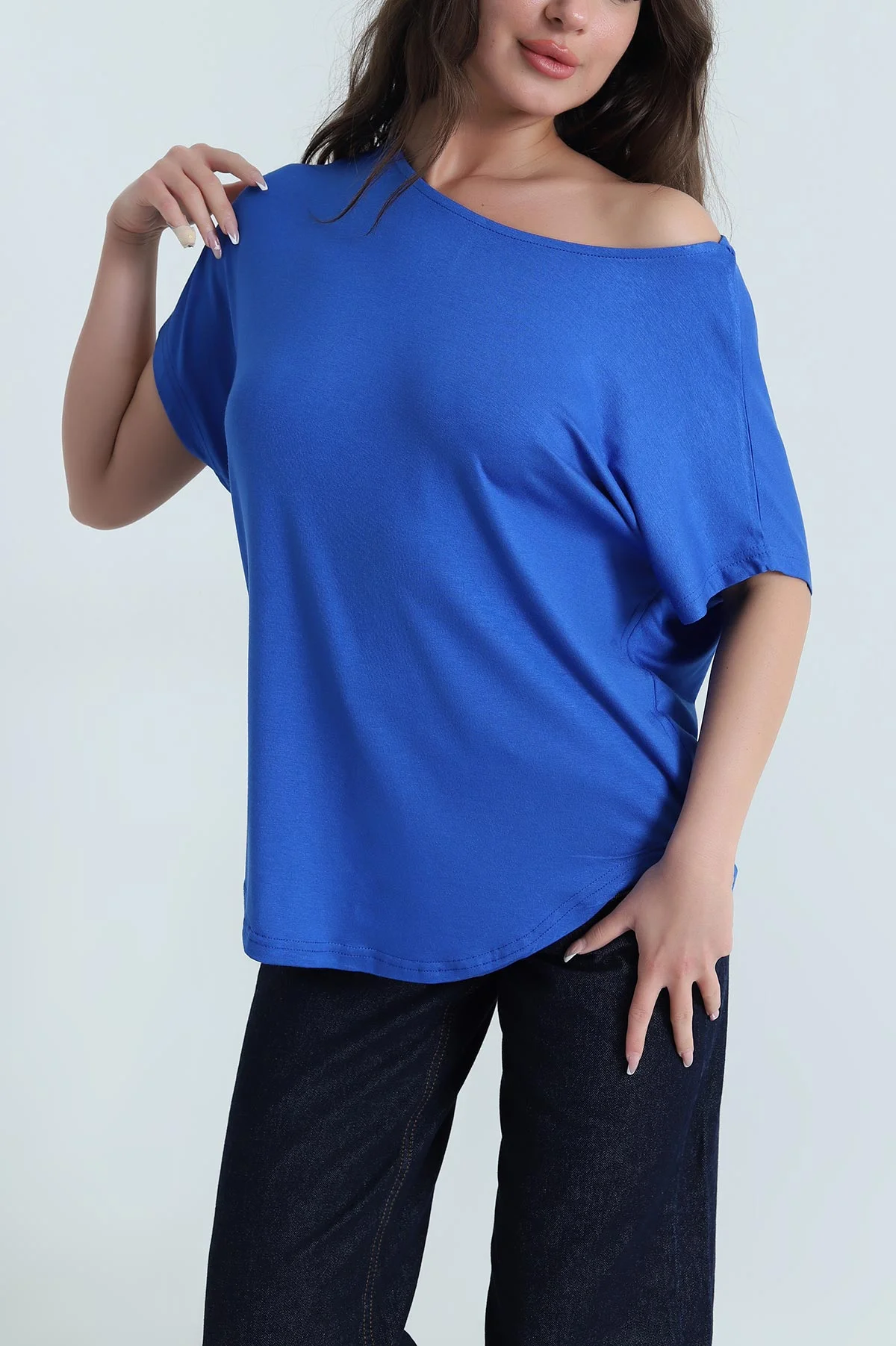 Saks Mavisi Yarasa Kol Oval Kesim Viskon Kadın Bluz 463326