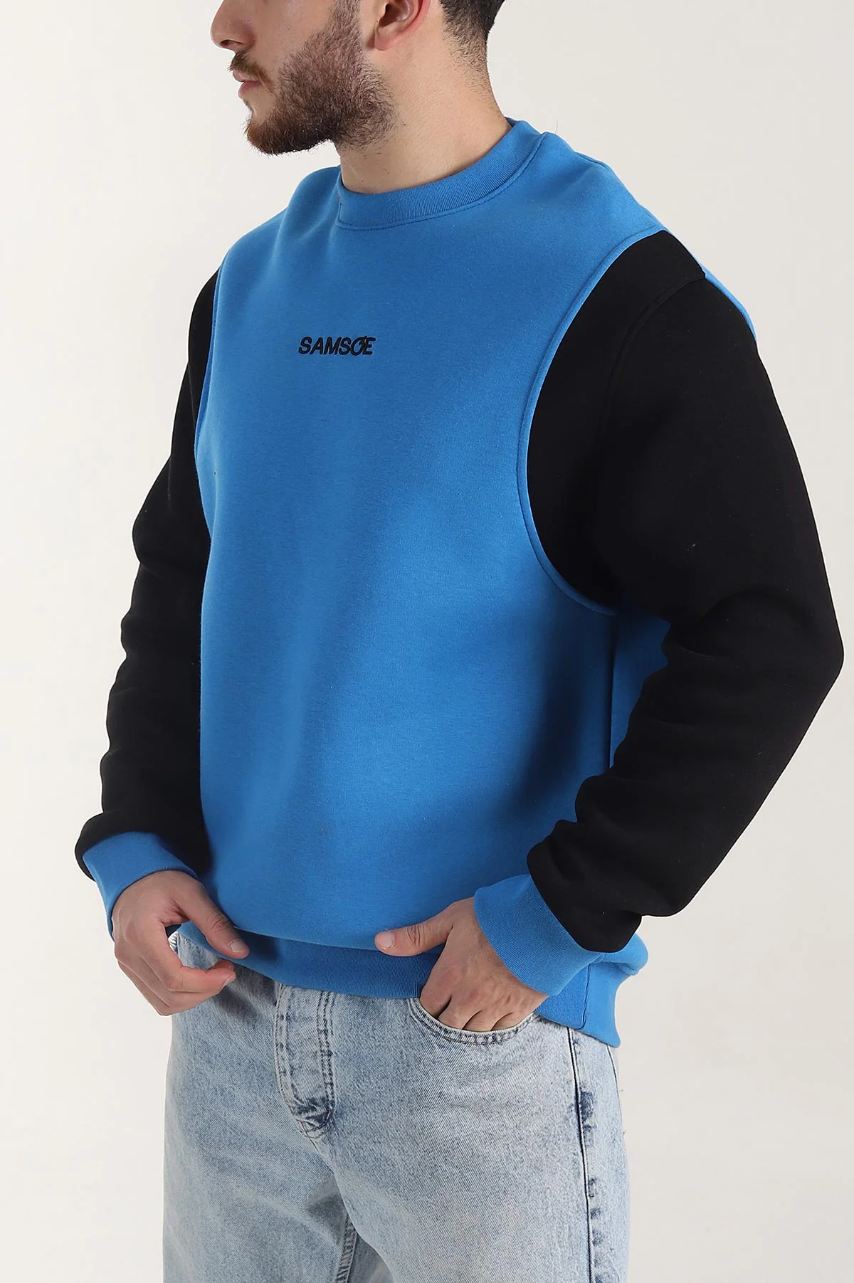Saks Mavisi Yazı Detaylı Bisiklet Yaka Erkek Sweatshirt 404764