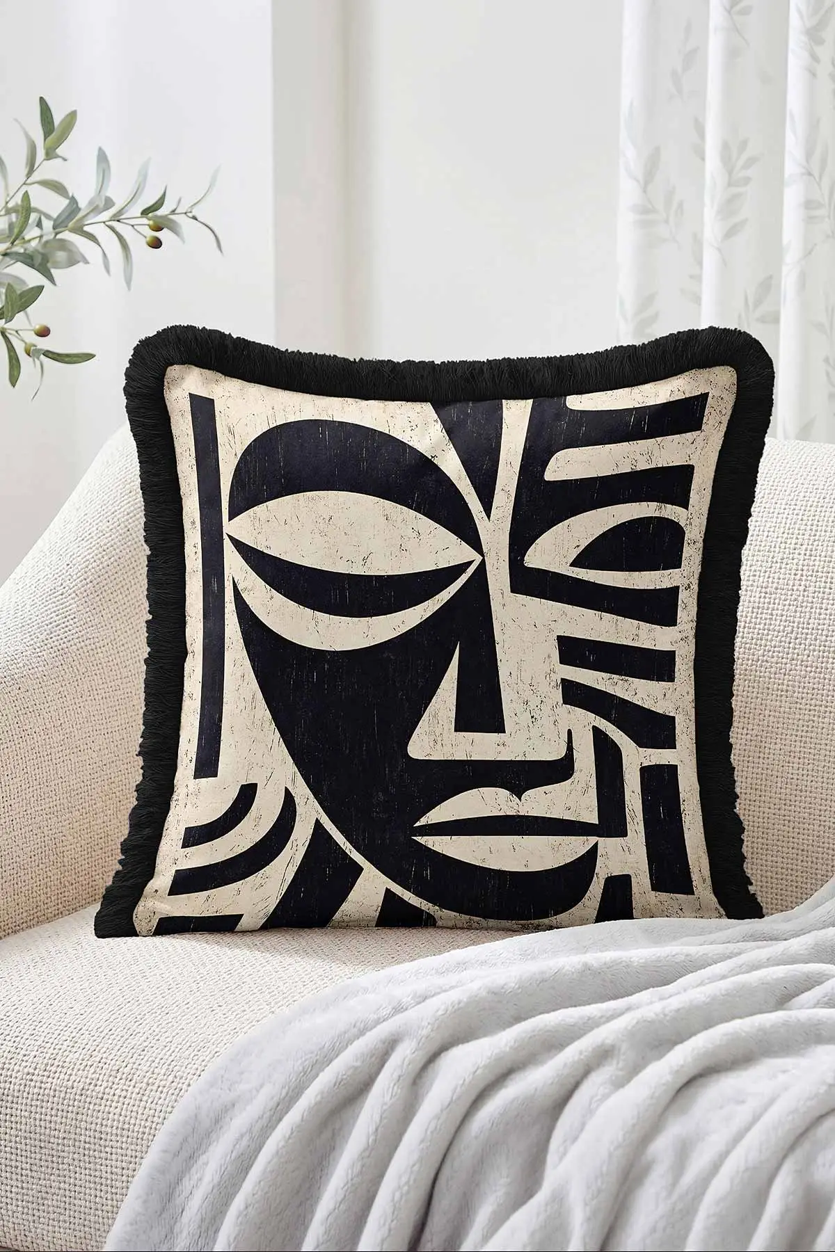 43x43 Cm Dijital Baskılı Fermuarlı Çift Taraflı Saçaklı Kırlent Kılıfı 483484