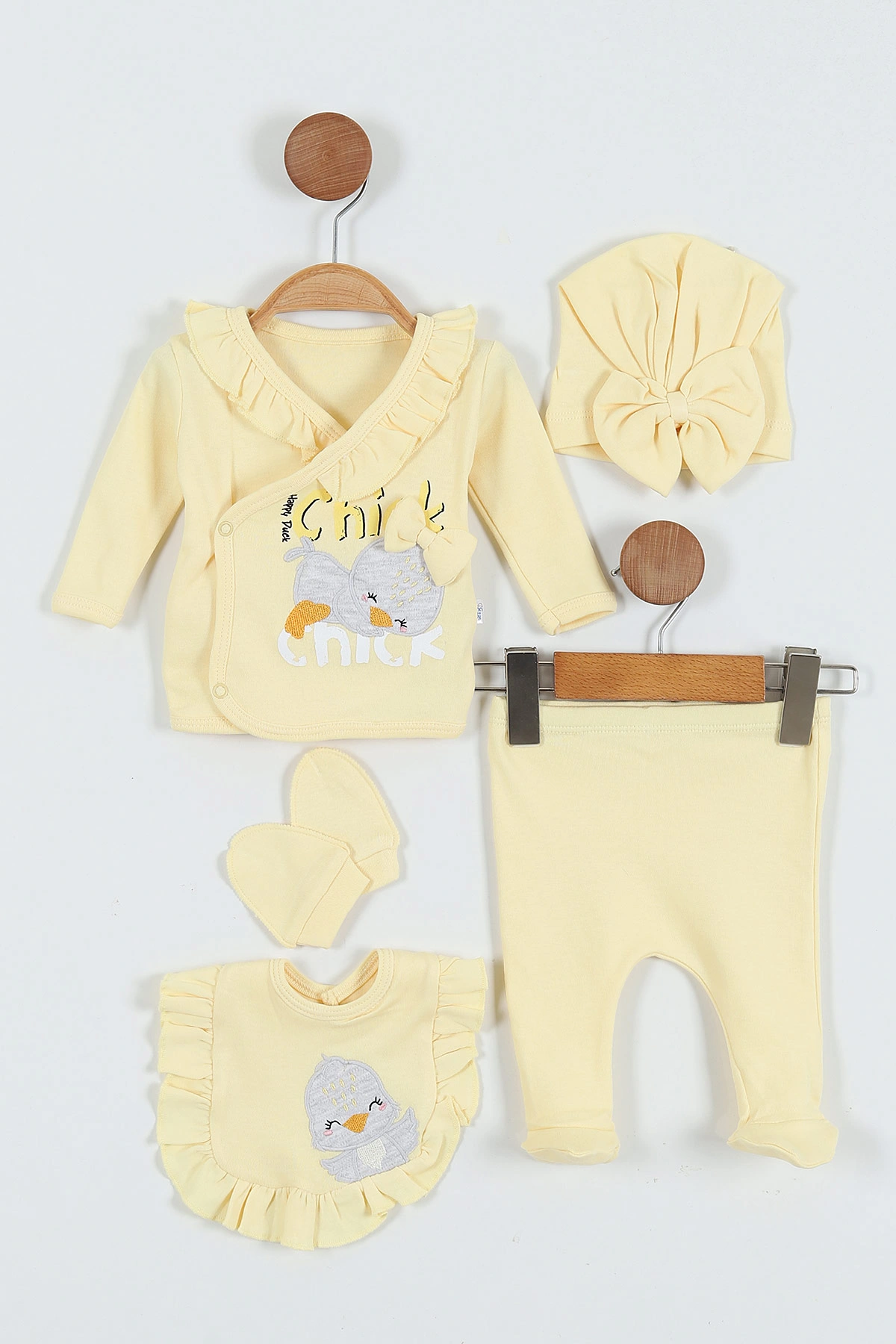 Sarı (0-3 Ay) Yaka Fırfırlı Nakışlı Kız Bebe Takım 289109