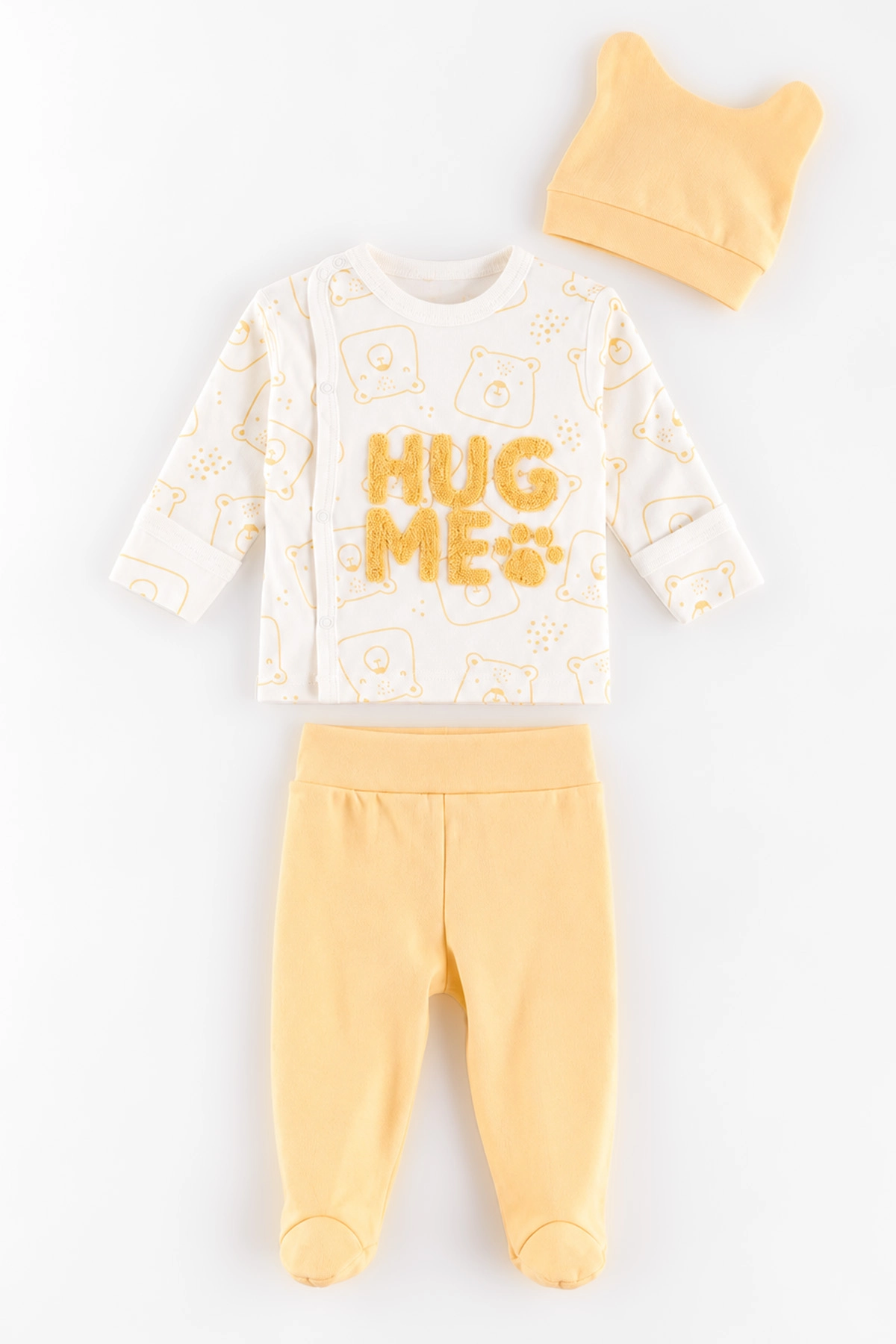 Sarı (0-3 Ay)Hug Me Süzene Nakışlı Patikli 3'lü Erkek Bebek Takım 477113