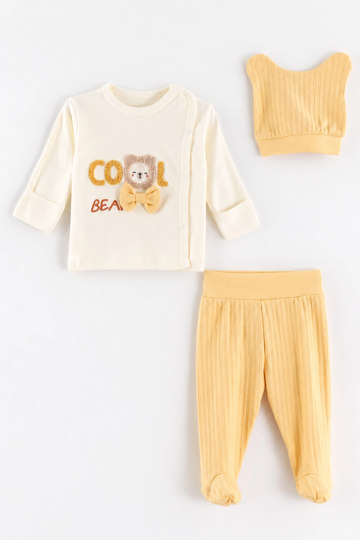 Sarı (0-3 Ay)Süzene Cool Nakışlı  Patikli ve Şapkalı Erkek Bebek 3'lü Takım 477131