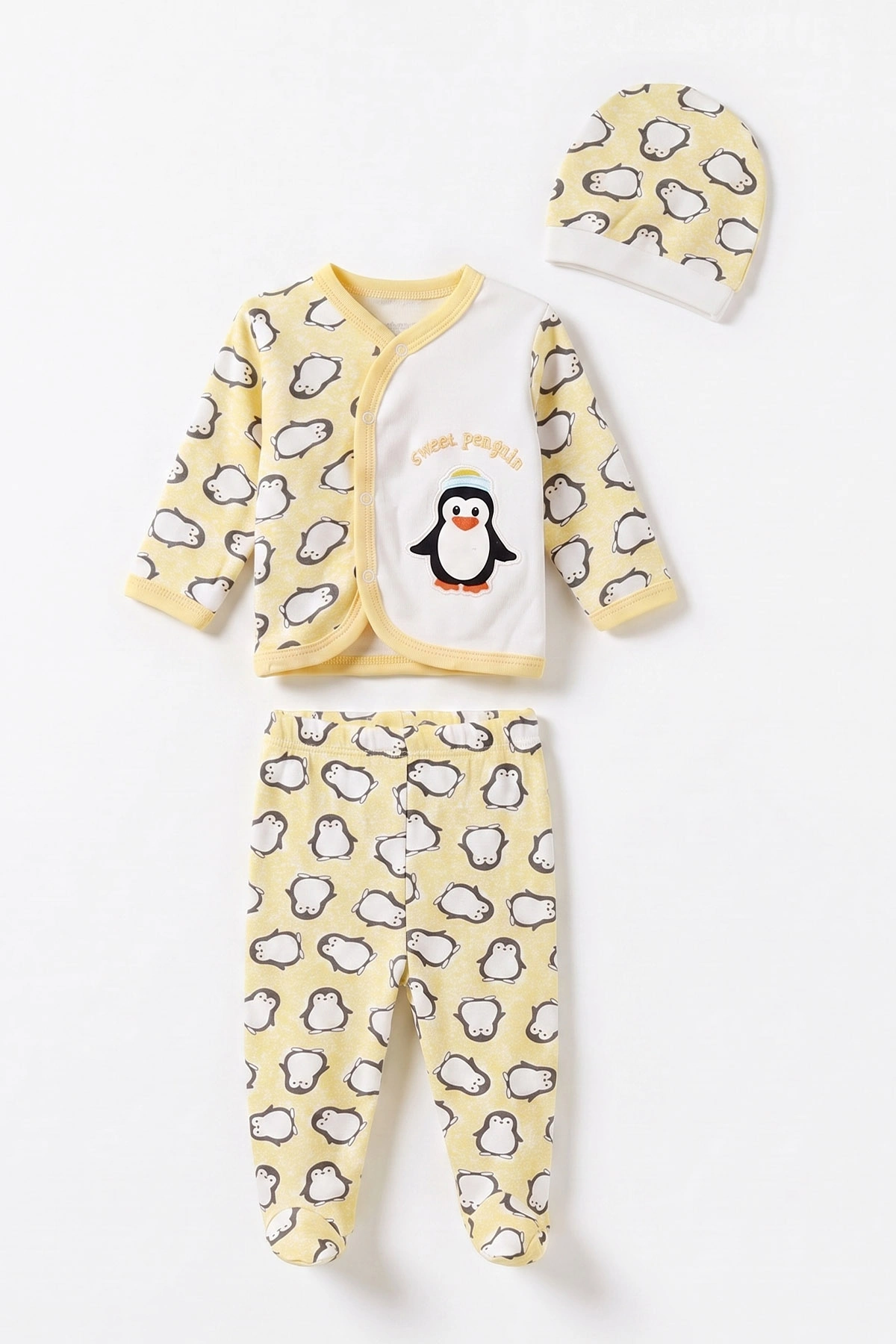 Sarı (0-6 Ay) Penguen Baskılı Patikli Şapkalı Bebek Zıbın Seti 477327
