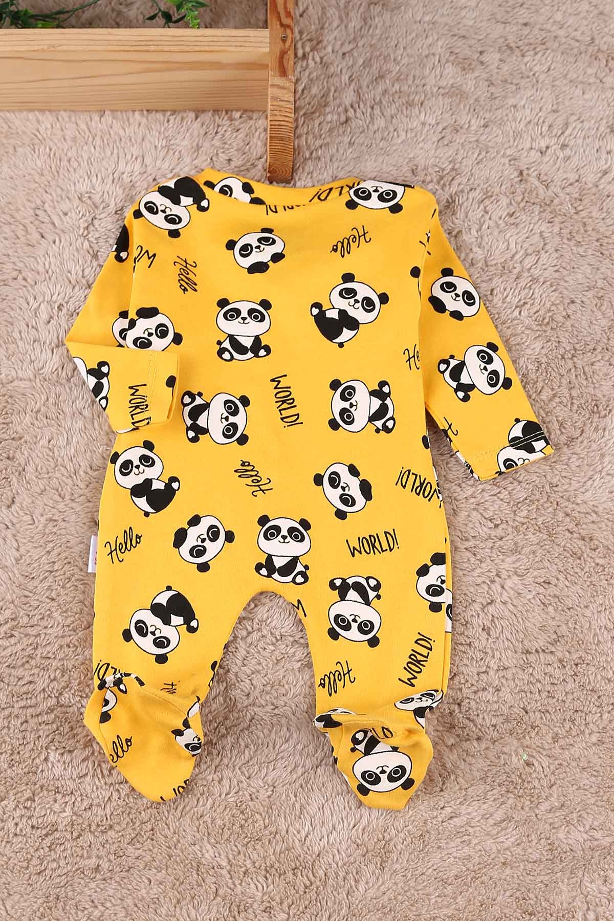 Sarı (0-9 Ay) Panda Baskılı Çıtçıtlı Patikli Erkek Bebe Tulum 180092