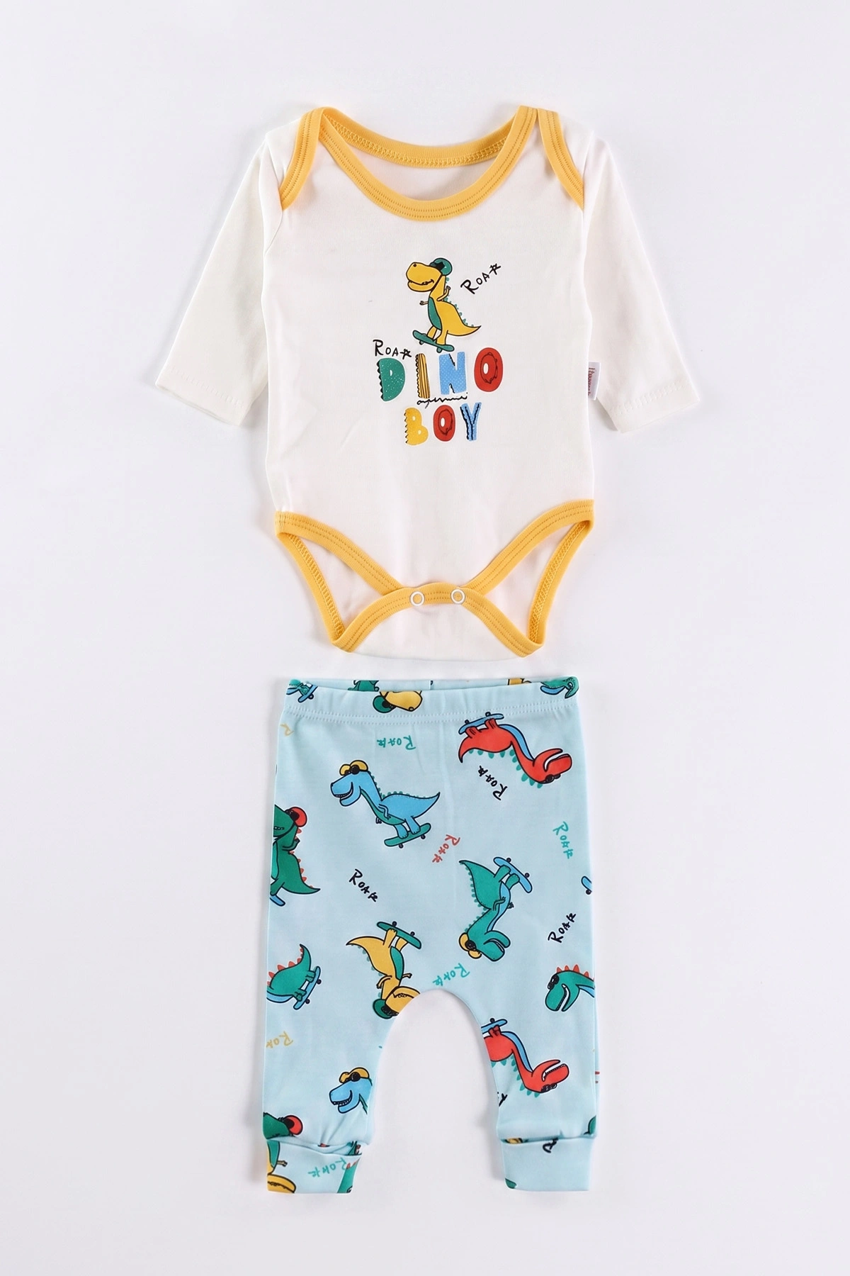 Sarı (0-9 Ay)Dinozor  Baskılı Çıt Çıtlı Badili Raporlu Erkek Bebek Takım 477404