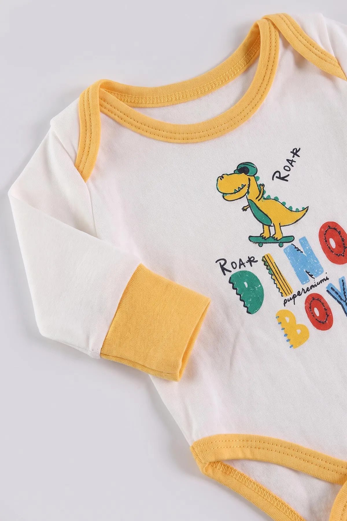 Sarı (0-9 Ay)Dinozor  Baskılı Çıt Çıtlı Badili Raporlu Erkek Bebek Takım 477404