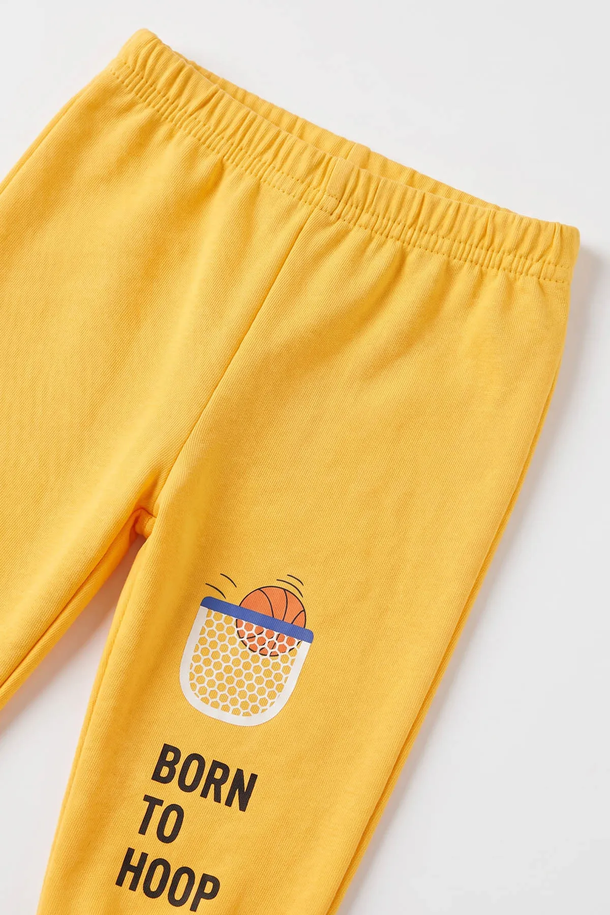 Sarı (1-2 Yaş) Basket Baskılı Kapüşonlu 3'lü Erkek Bebek Takım 479993