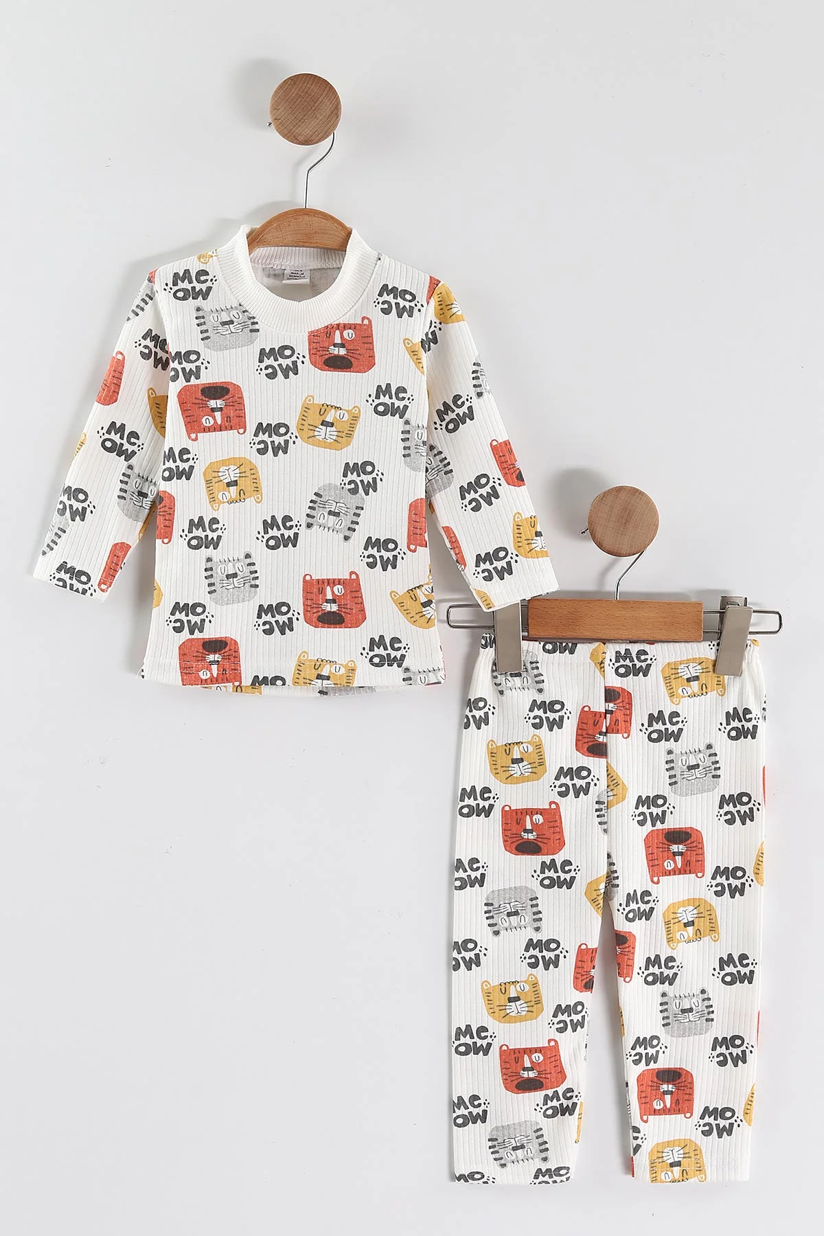 Sarı (1-3 Yaş) Kedi Desenli Raporlu Çocuk Pijama Takım 459399