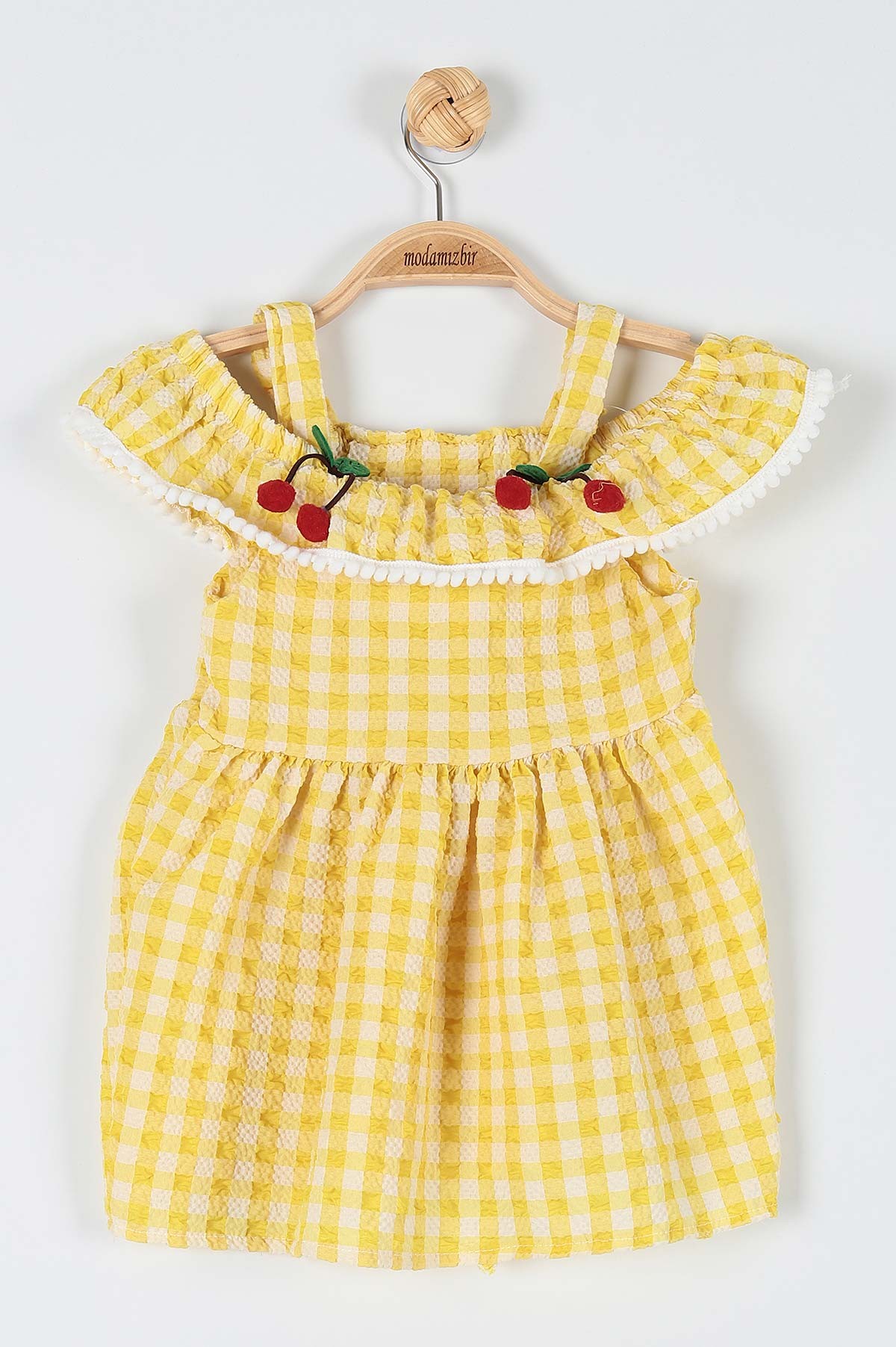 Sarı (1-3 Yaş) Kiraz Motifli Kareli Askılı Kız Çocuk Elbise 181123